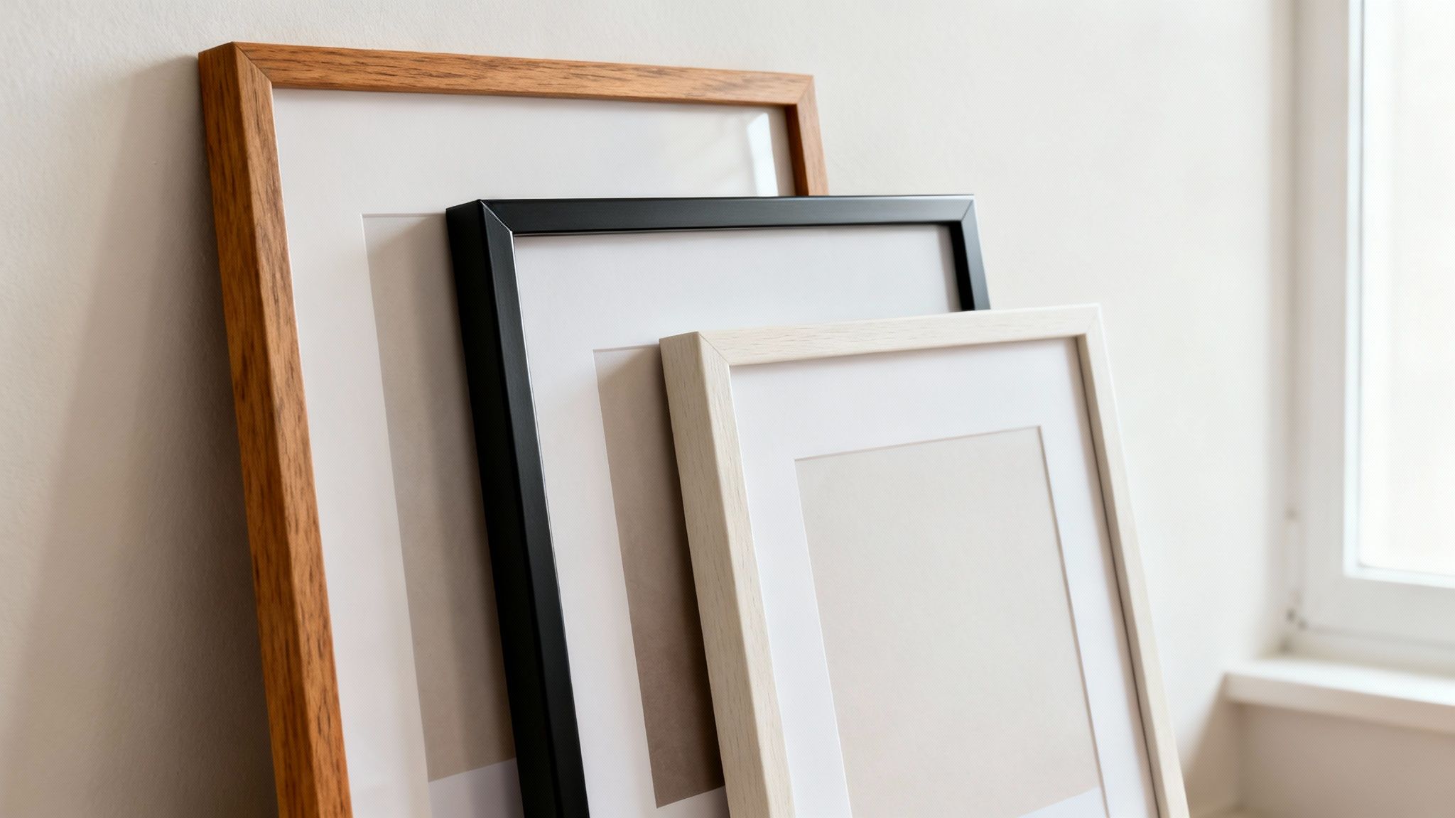 Three empty picture frames in oak, black, and light wood finishes leaning against white wall