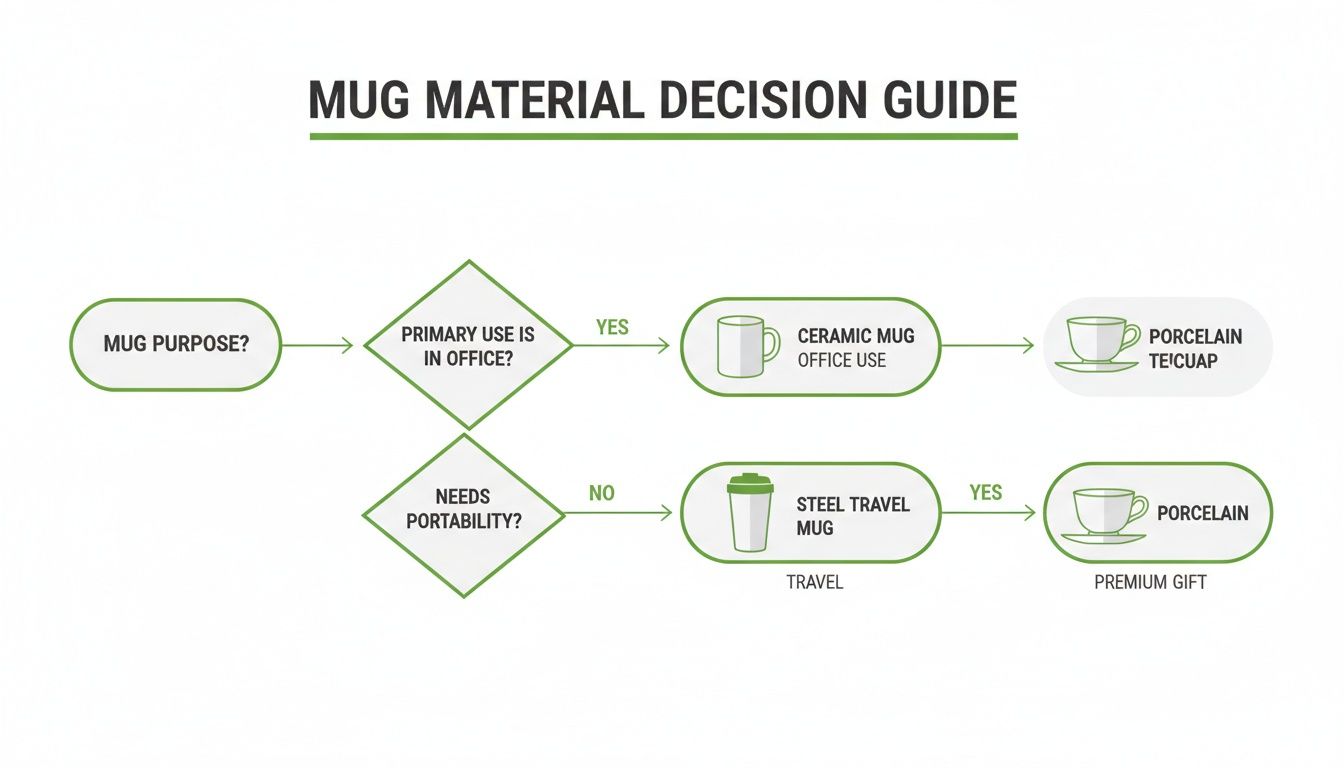 Flowchart guiding mug material selection based on office use, portability, and gift purpose.