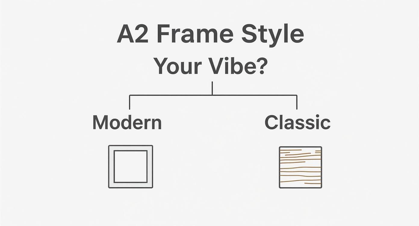 Infographic decision tree to help select an A2 frame style based on a 'Modern' or 'Classic' vibe.