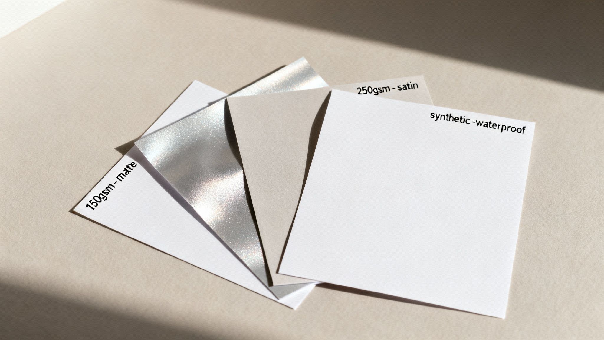 Various paper samples including matte, metallic, satin, and synthetic waterproof types on a beige surface.