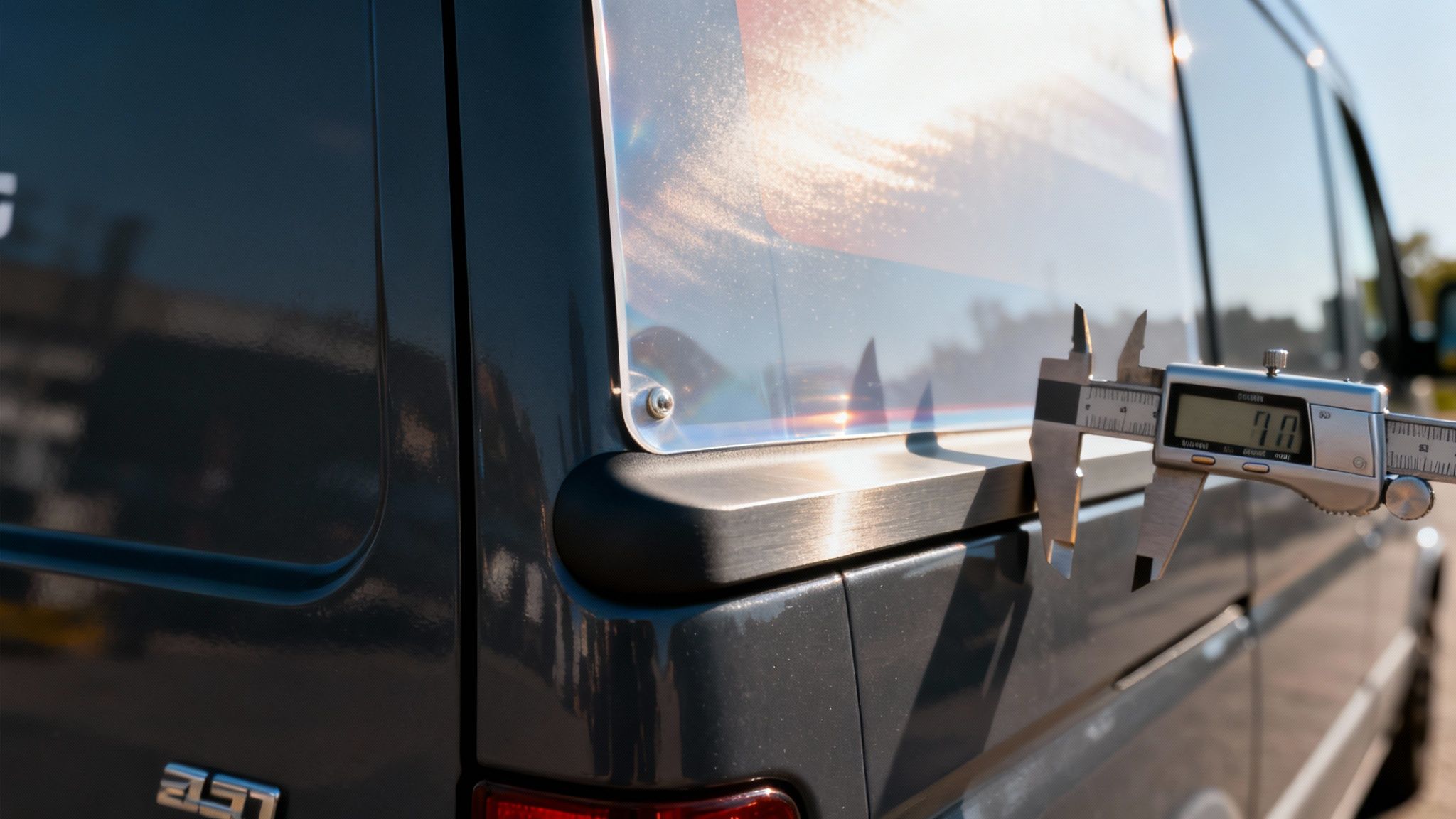 Digital caliper measuring thickness of magnetic vehicle signage on car door handle