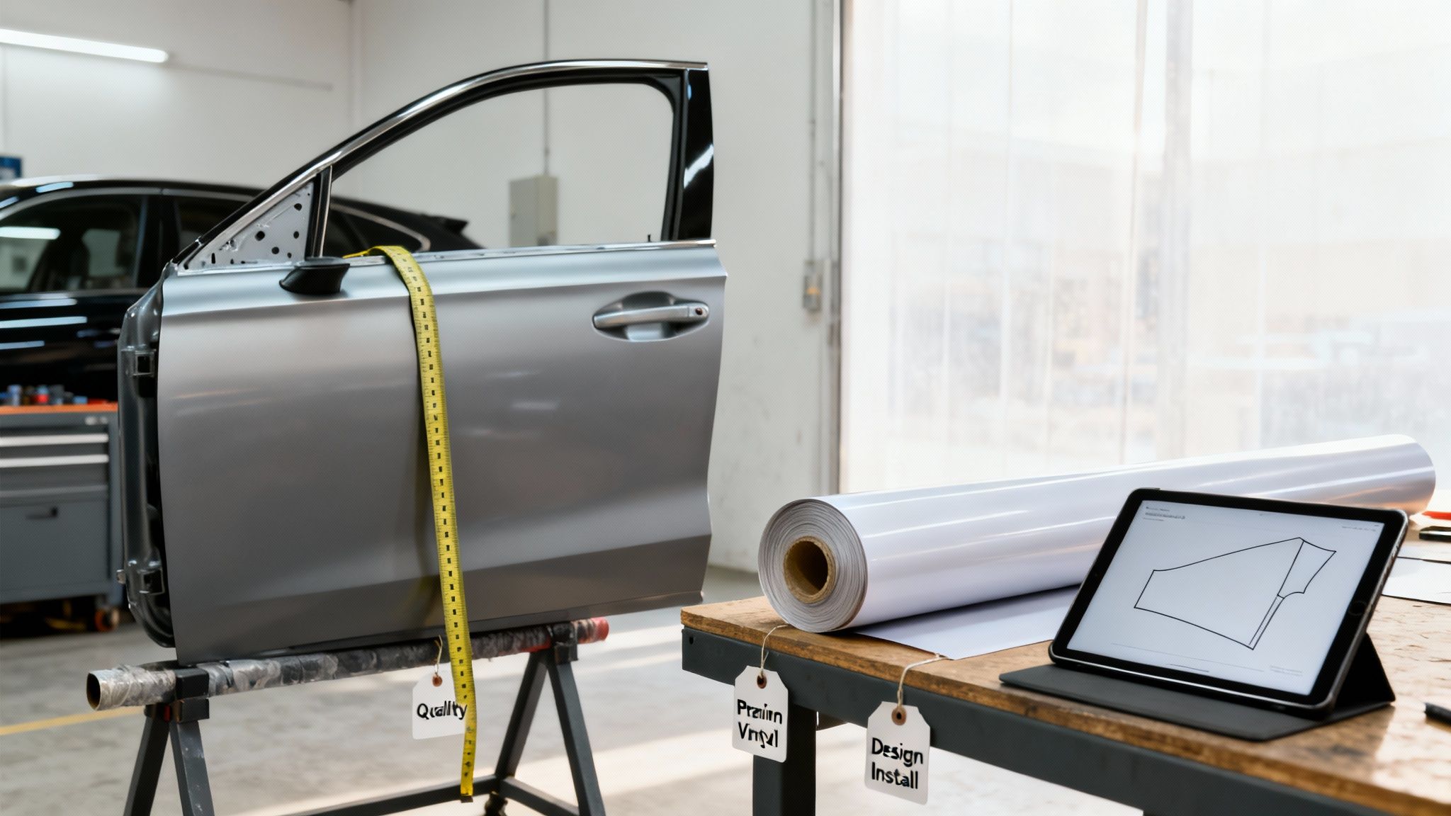 A car door being measured, with a roll of vinyl and a tablet showing a design in a workshop.