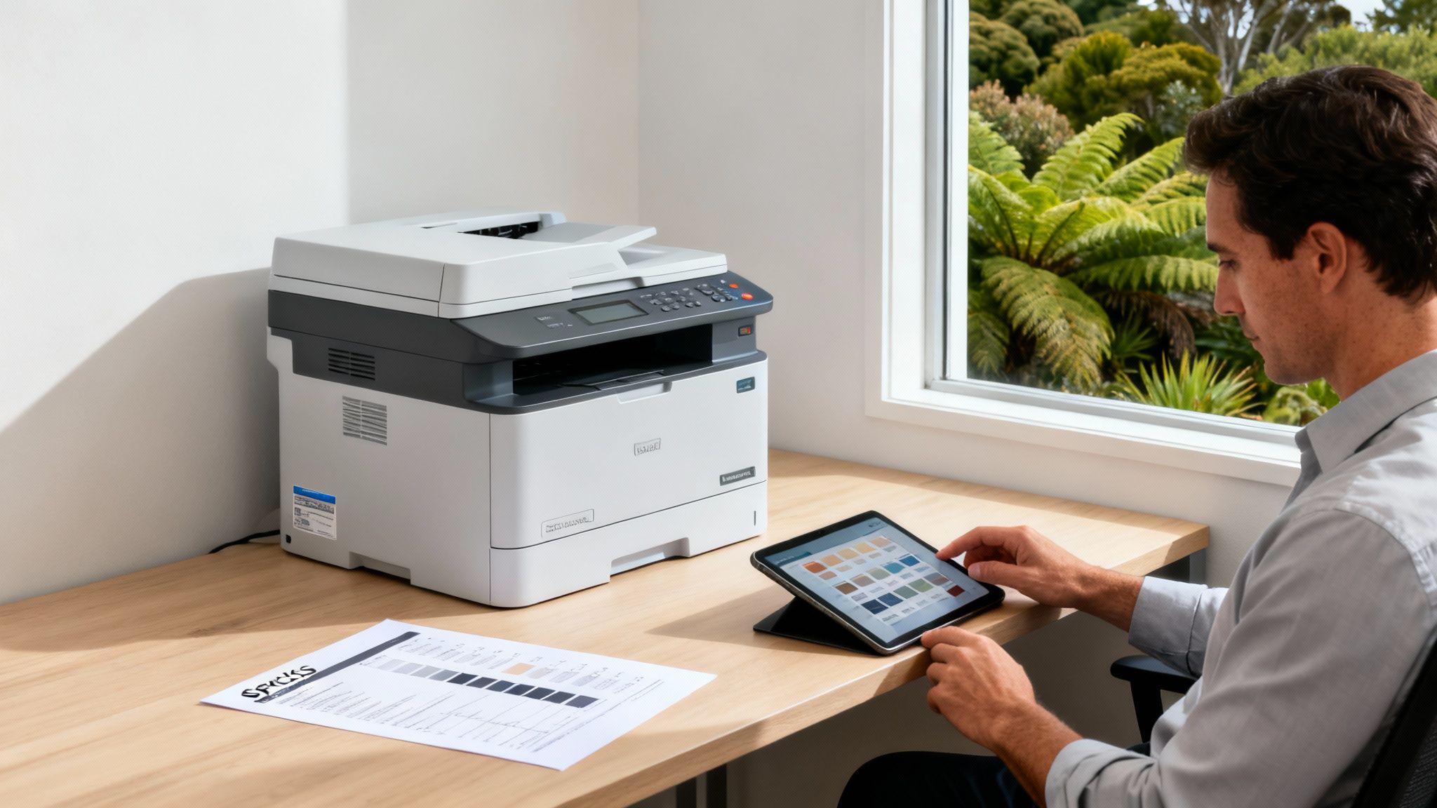 A man reviews color swatches on a tablet next to a modern laser printer on a wooden desk.