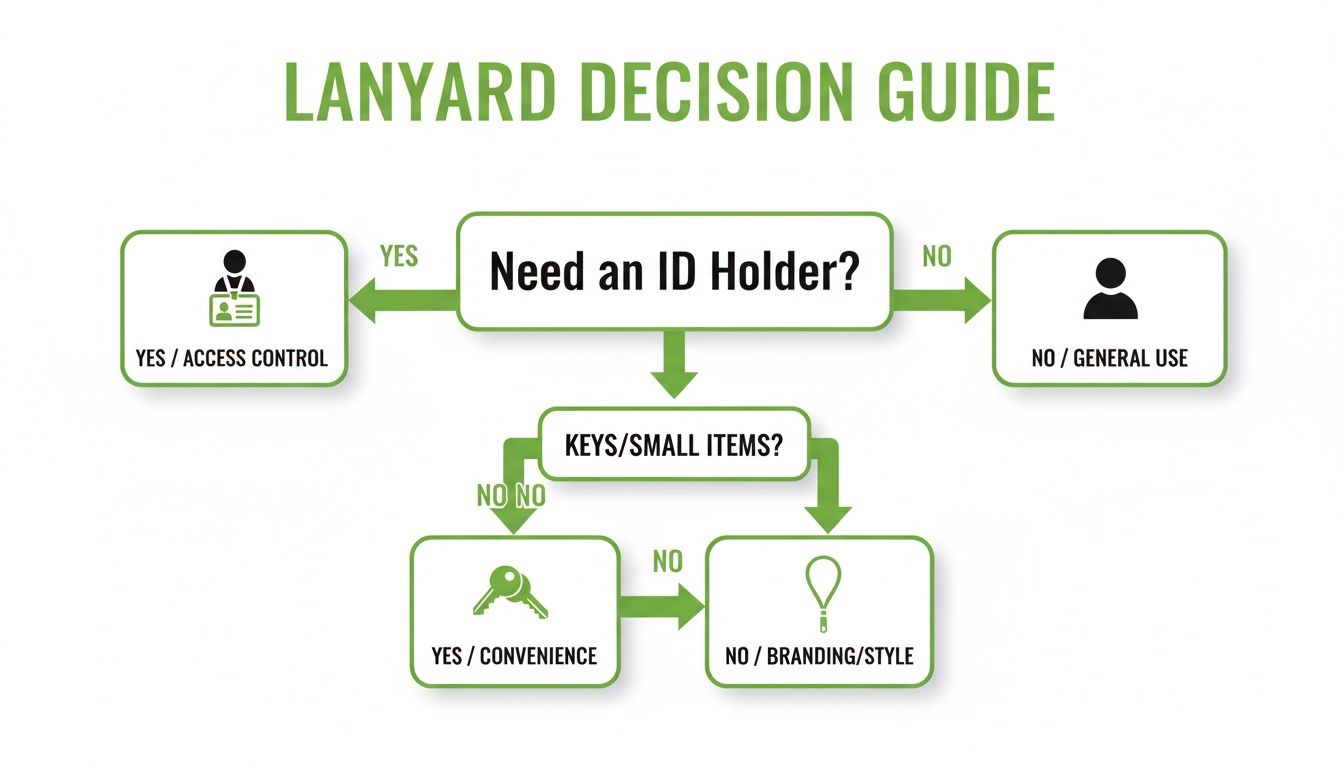 A flowchart titled 'Lanyard Decision Guide' for selecting lanyards based on ID holder, keys, and branding needs.