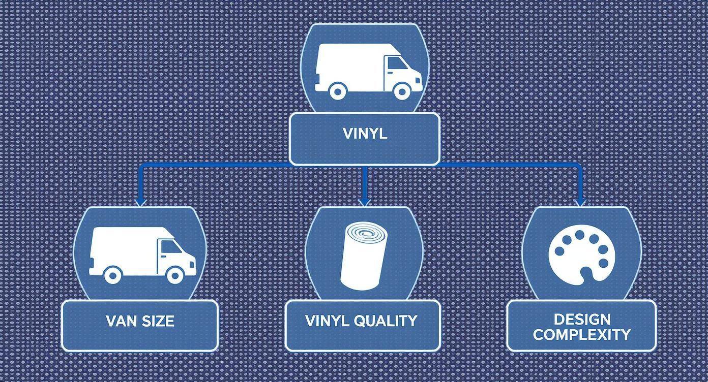 Diagram illustrating key factors influencing vinyl van wraps: van size, vinyl quality, and design complexity.