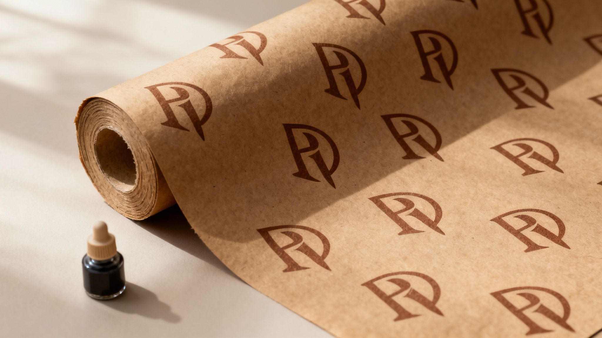 A close-up of a brown paper roll featuring a repeating PR logo pattern, next to a small dropper bottle.