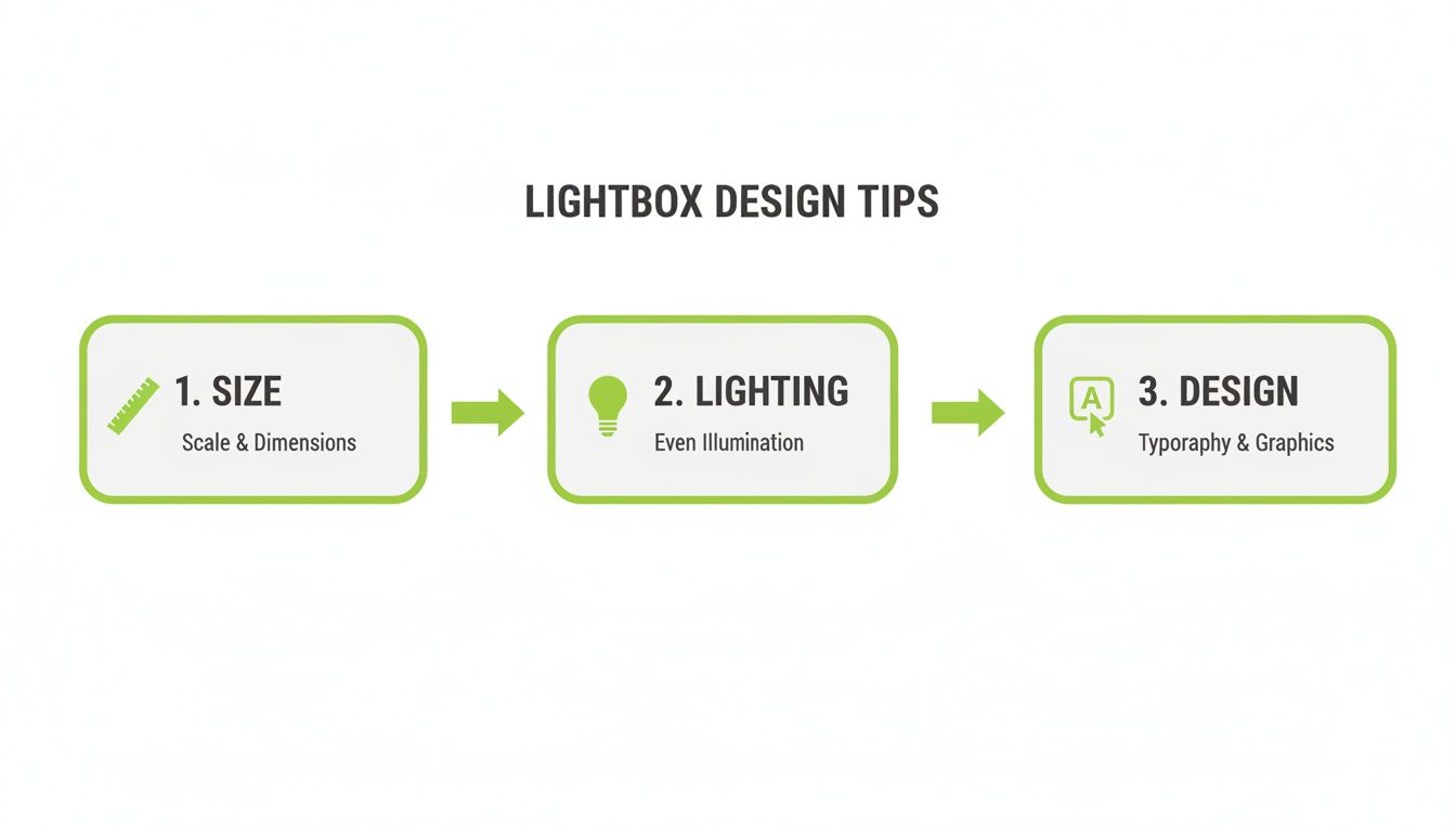 Infographic displaying three essential lightbox design tips: size, lighting, and overall design.