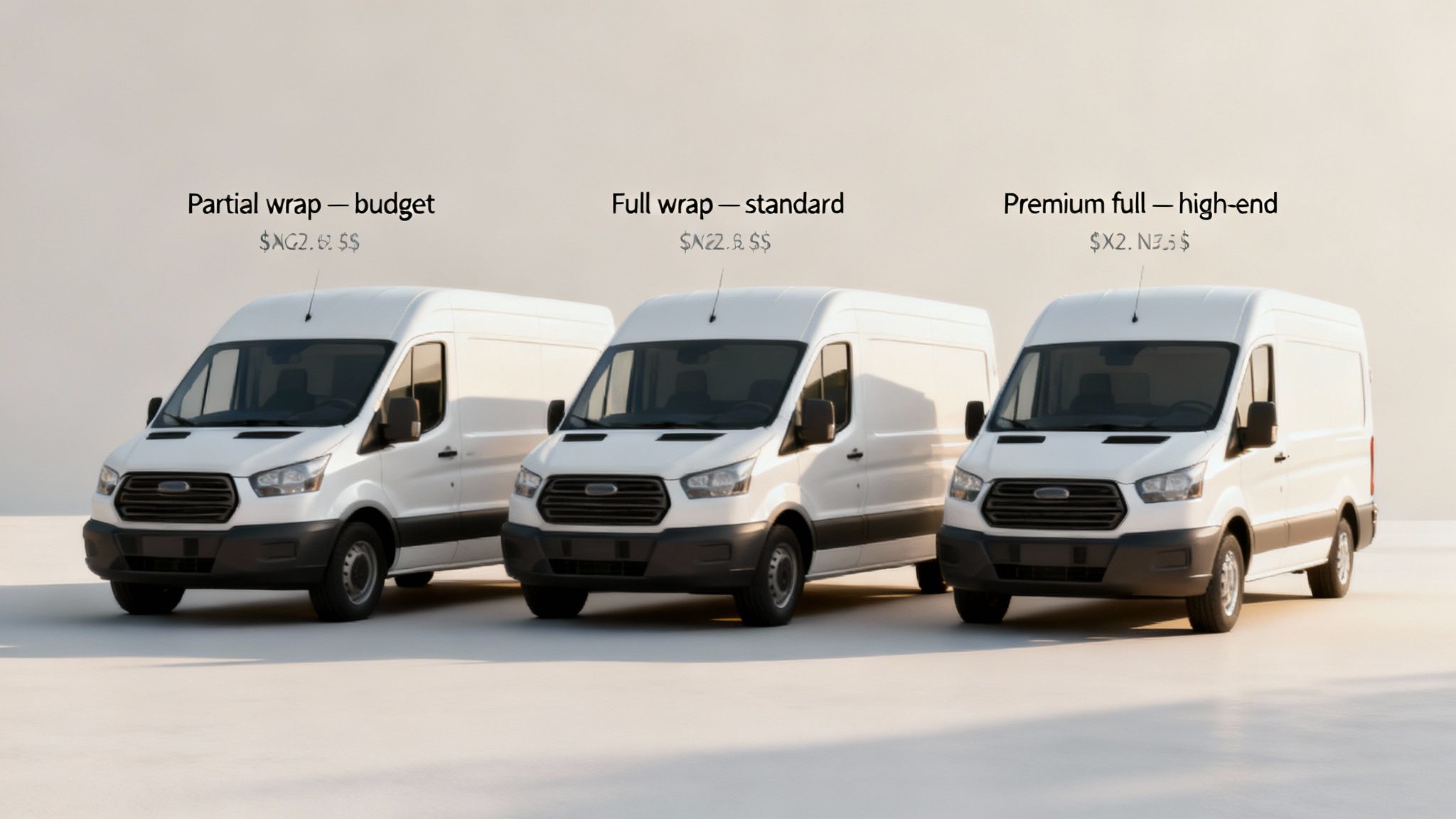 Three white cargo vans display partial, full, and premium wrap options with symbolic pricing.