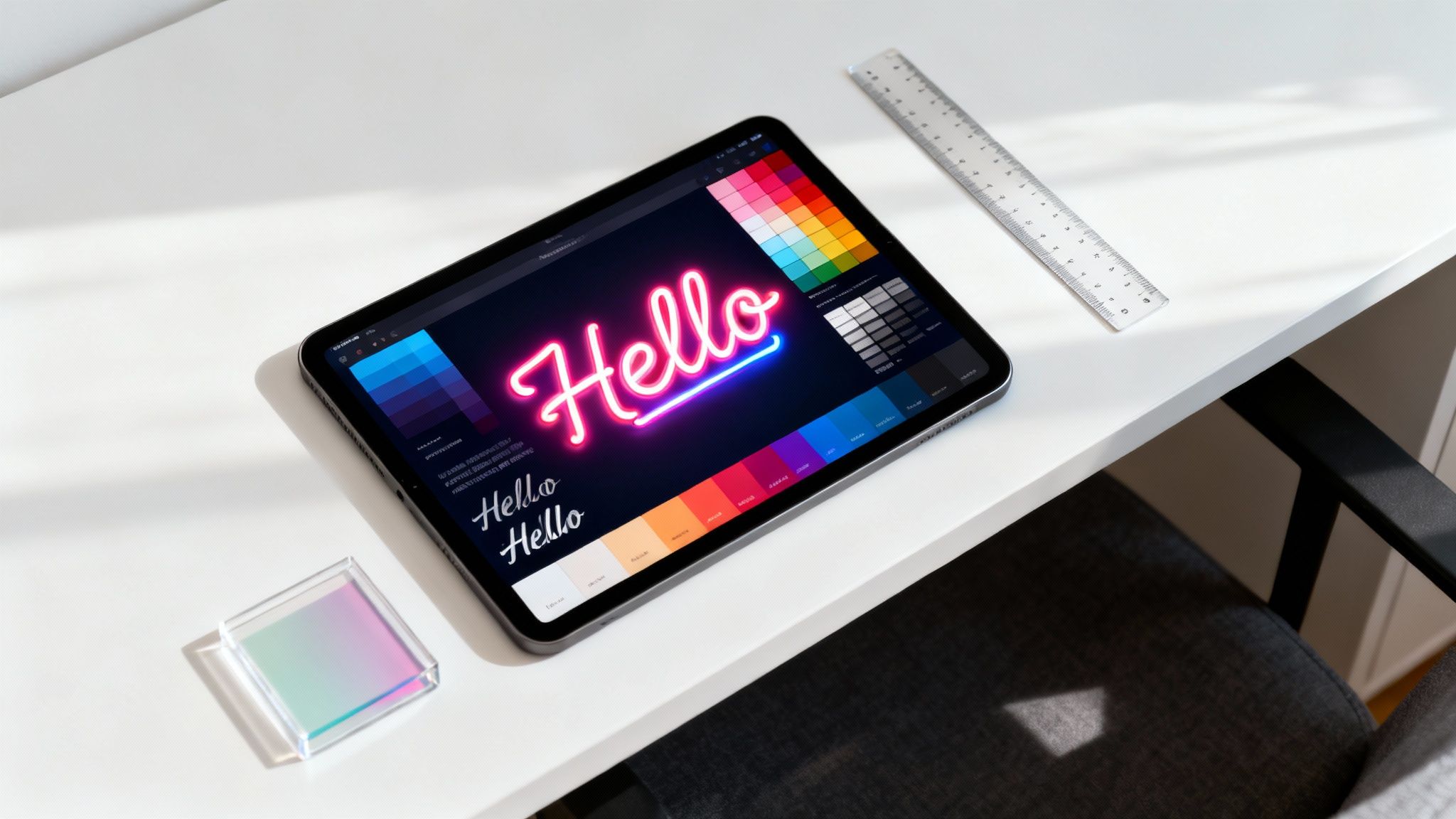 A tablet on a white desk displays a vibrant neon 'Hello' sign design with color palettes.