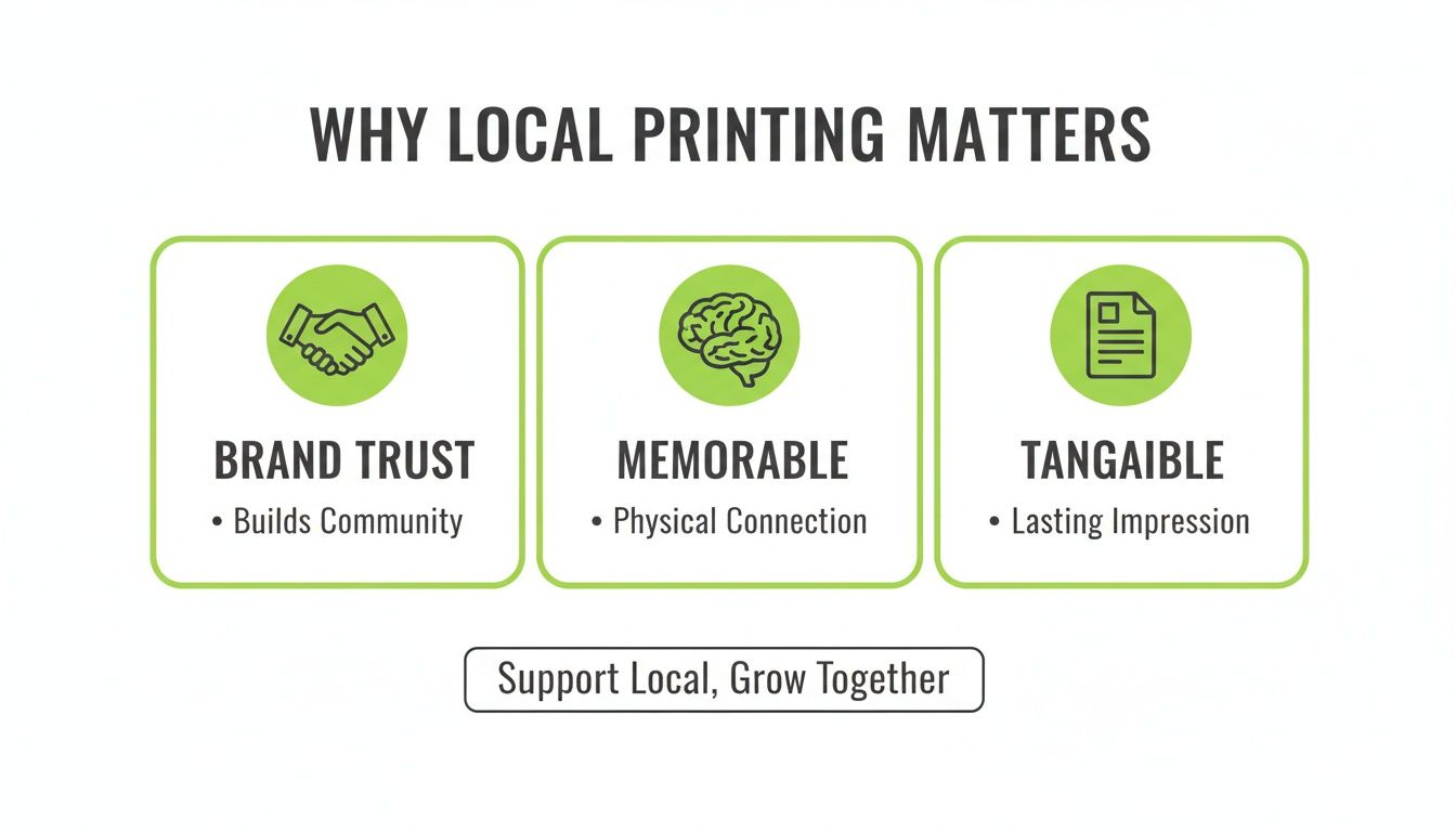 Infographic explaining why local printing matters for brand trust, memorability, and tangible results with icons.