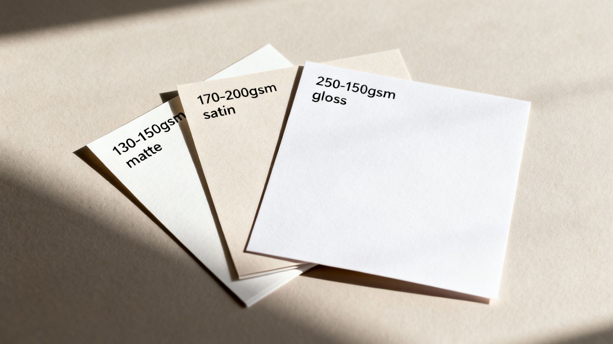 Three paper samples showcasing different weights and finishes: matte, satin, and gloss.