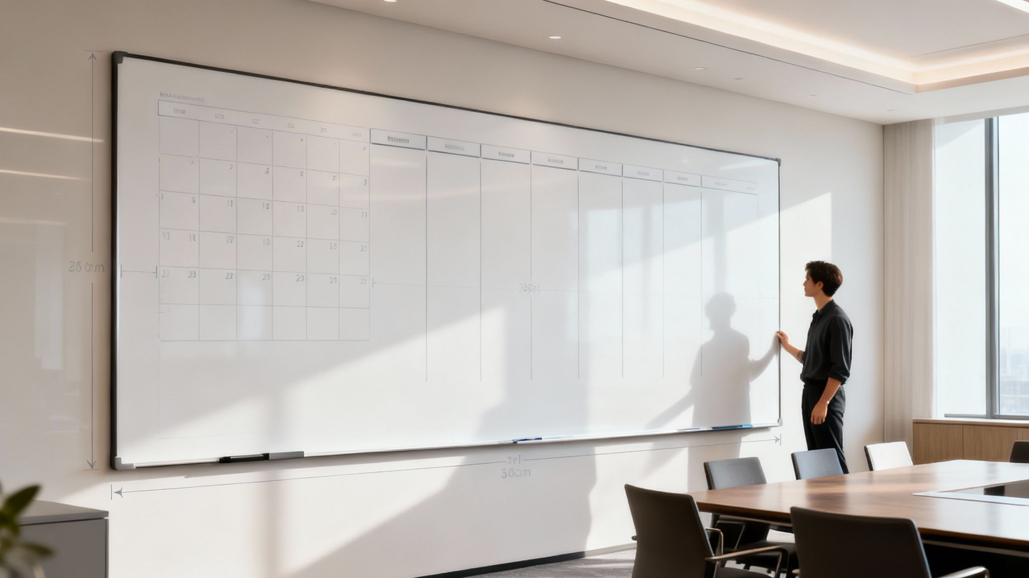 A man interacting with a huge white dry-erase board displaying a calendar grid in a modern meeting room.