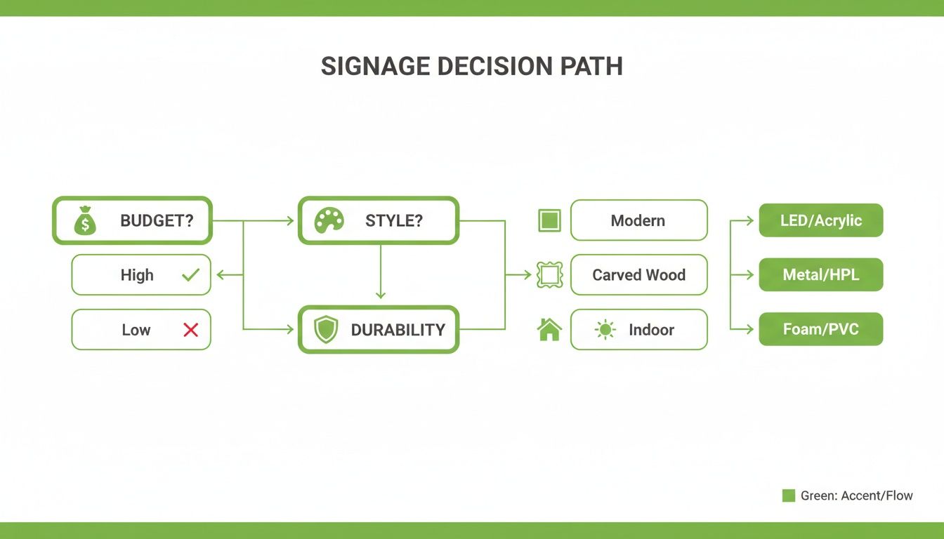 Flowchart for signage decision path, considering budget, style, and durability to recommend materials.