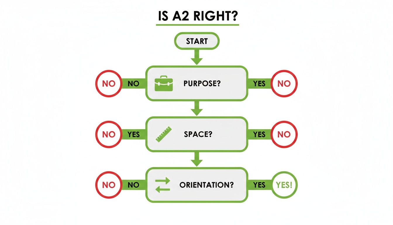 Flowchart guiding decision-making for A2 based on purpose, space, and orientation criteria, concluding with a 'YES!'.
