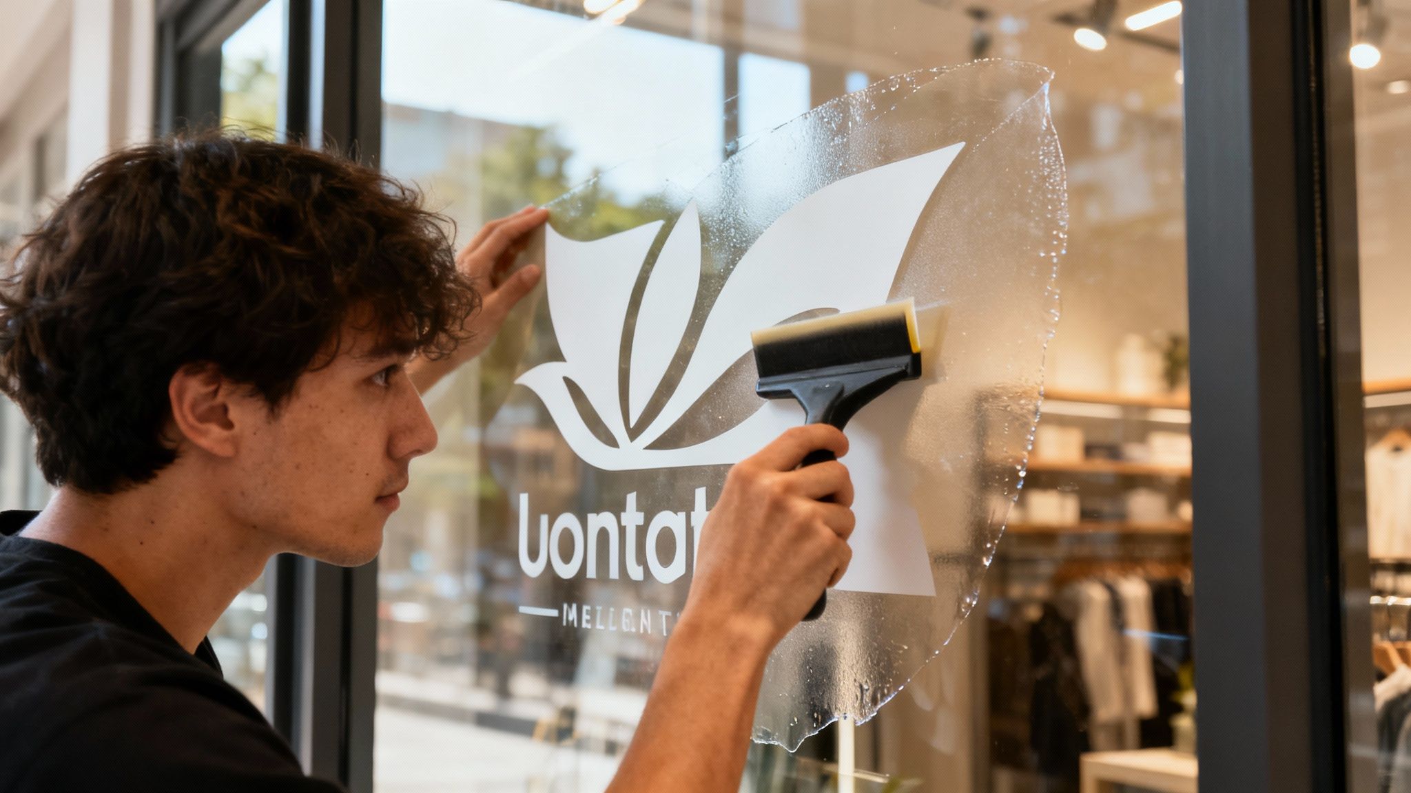 A person carefully applying a large window decal with a squeegee, ensuring a smooth, bubble-free finish.