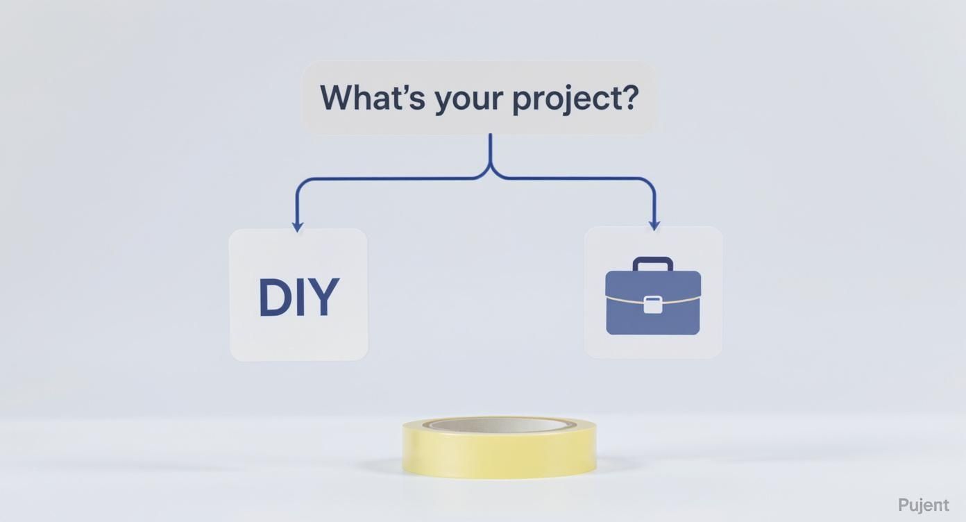 Flowchart showing project choice between DIY option and professional service with briefcase icon