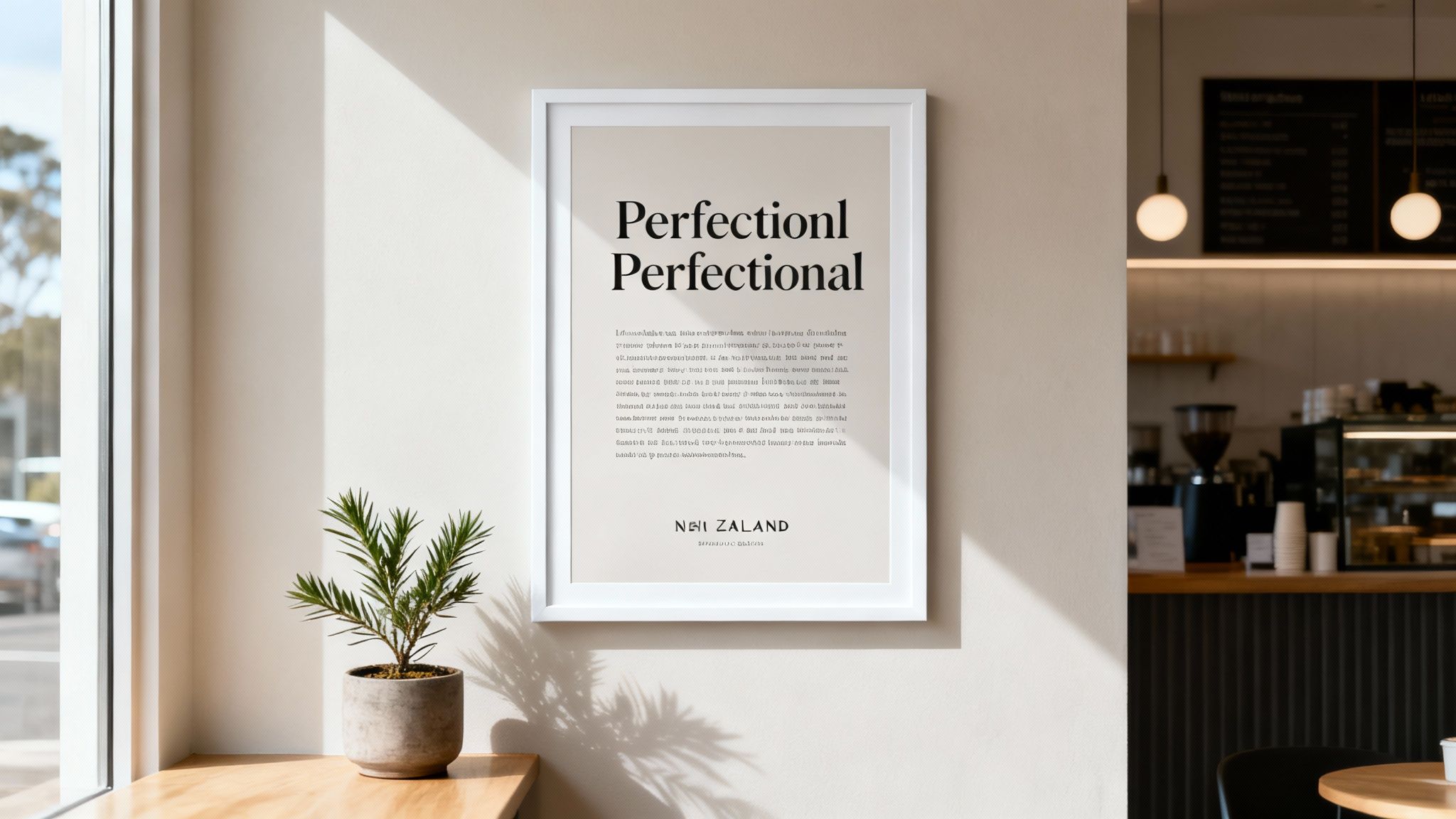 A framed poster print with 'Perfection! Perfectional' text hangs on a wall in a bright cafe.