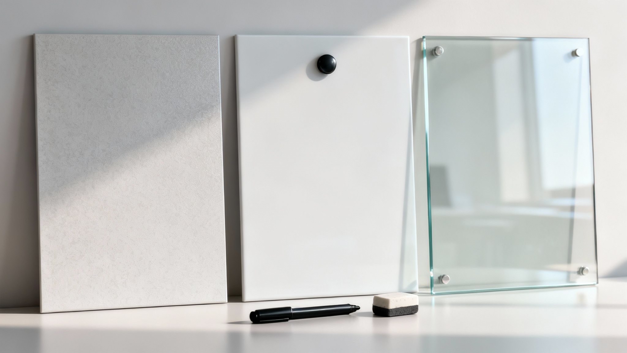 Three blank display boards: a textured grey board, a white magnetic board with marker and eraser, and a clear glass board.