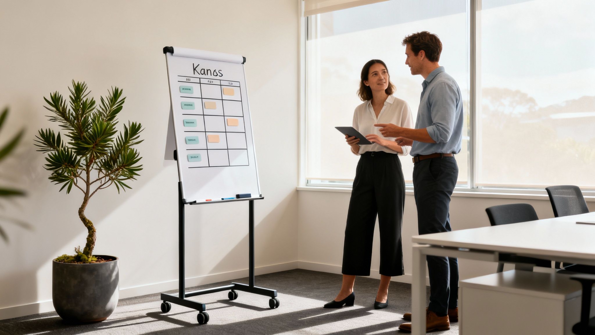 Two colleagues discussing work in front of a whiteboard with a Kanos chart and a plant.