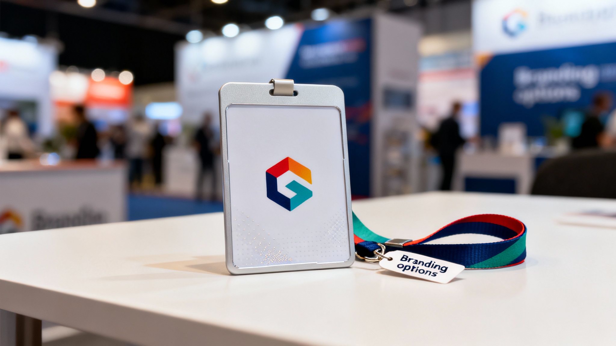 An ID card holder displaying a colorful G logo, with a 'Branding options' lanyard, at a busy exhibition.