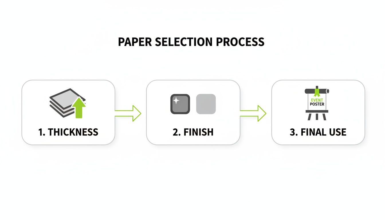Flowchart illustrating the paper selection process, covering thickness, finish, and final use for printing.