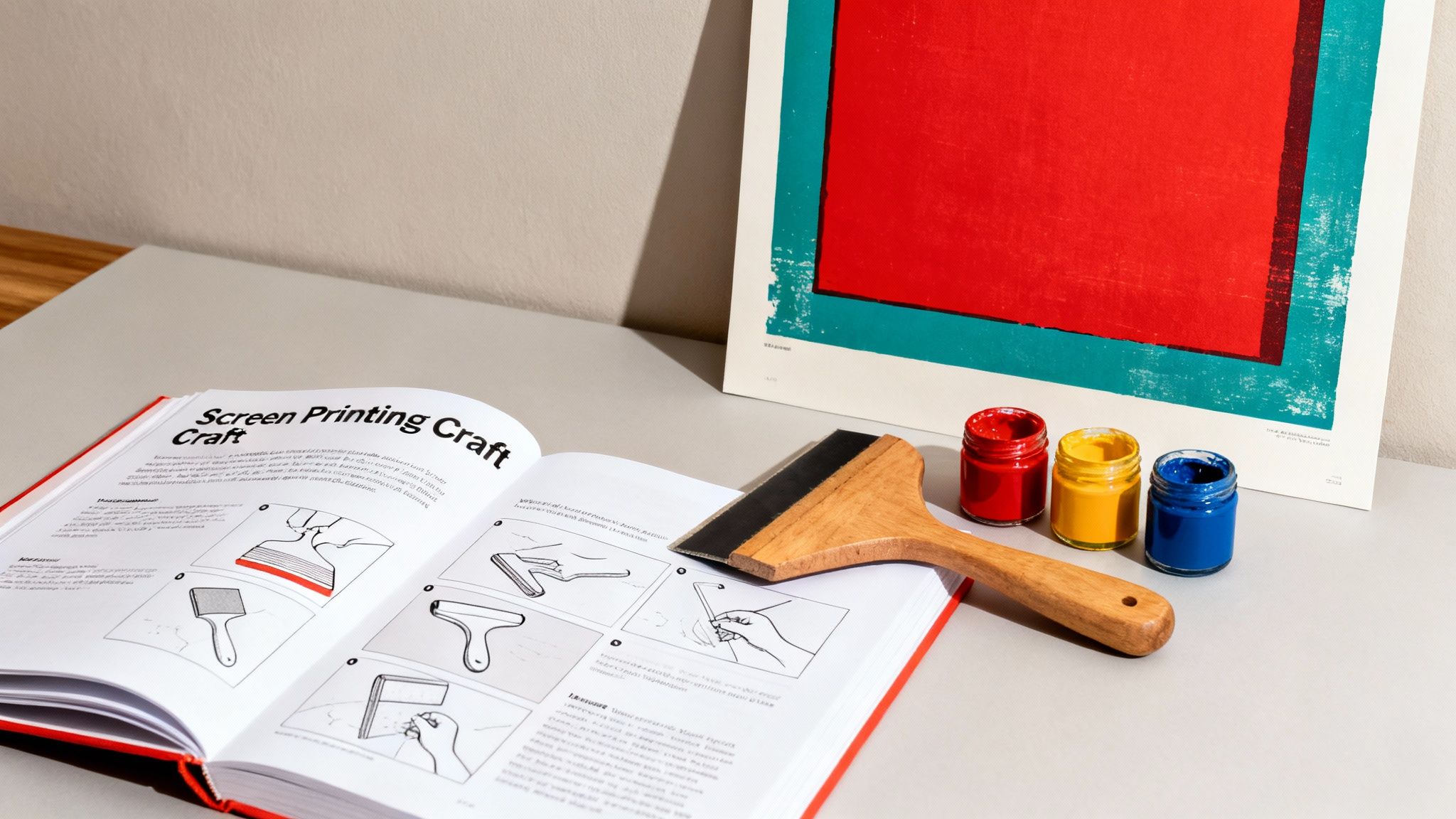 An open book on screen printing craft, a squeegee, and primary colored inks on a table.