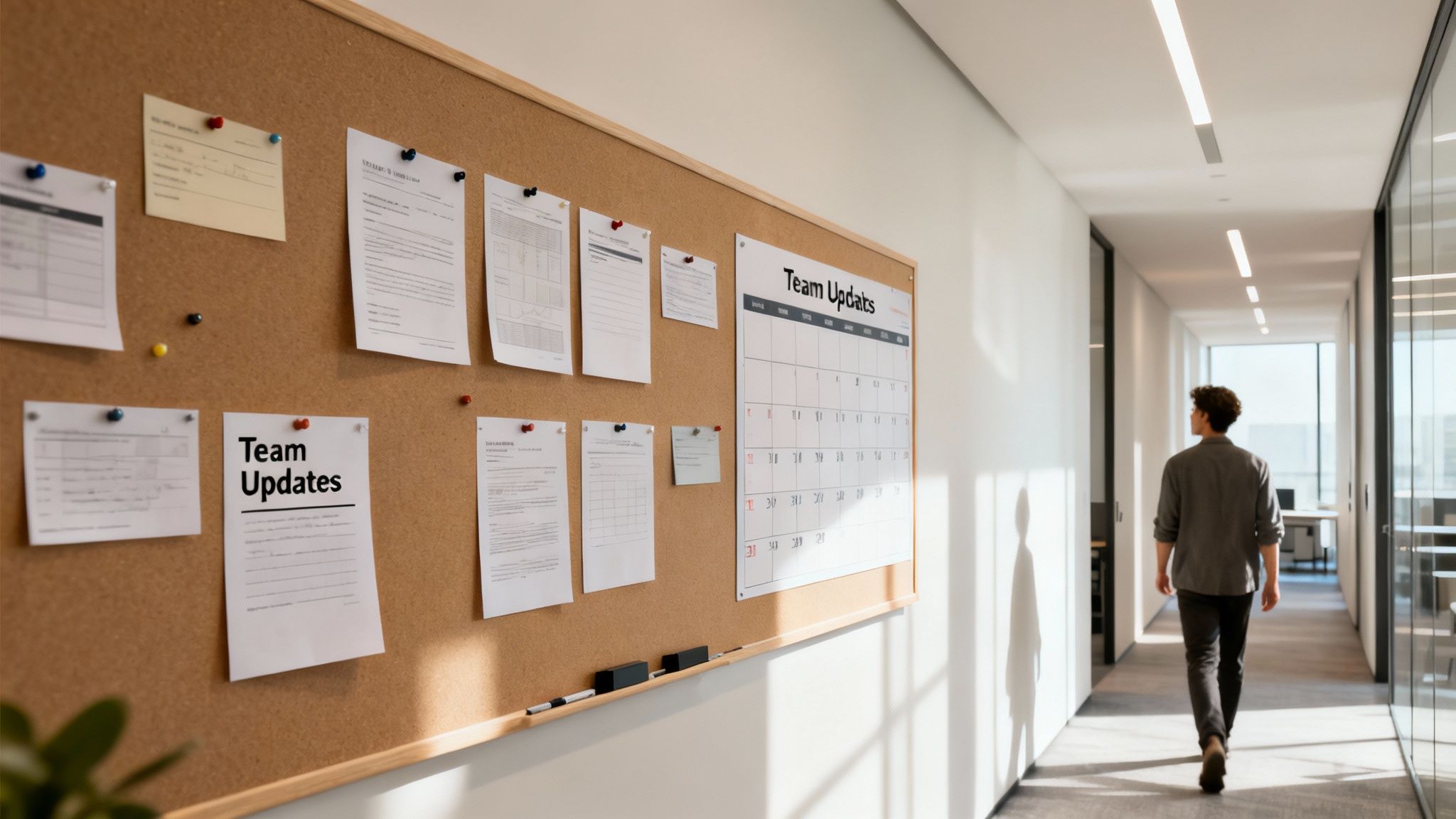 A person walks past a large cork board with documents and a 'Team Updates' calendar in an office.