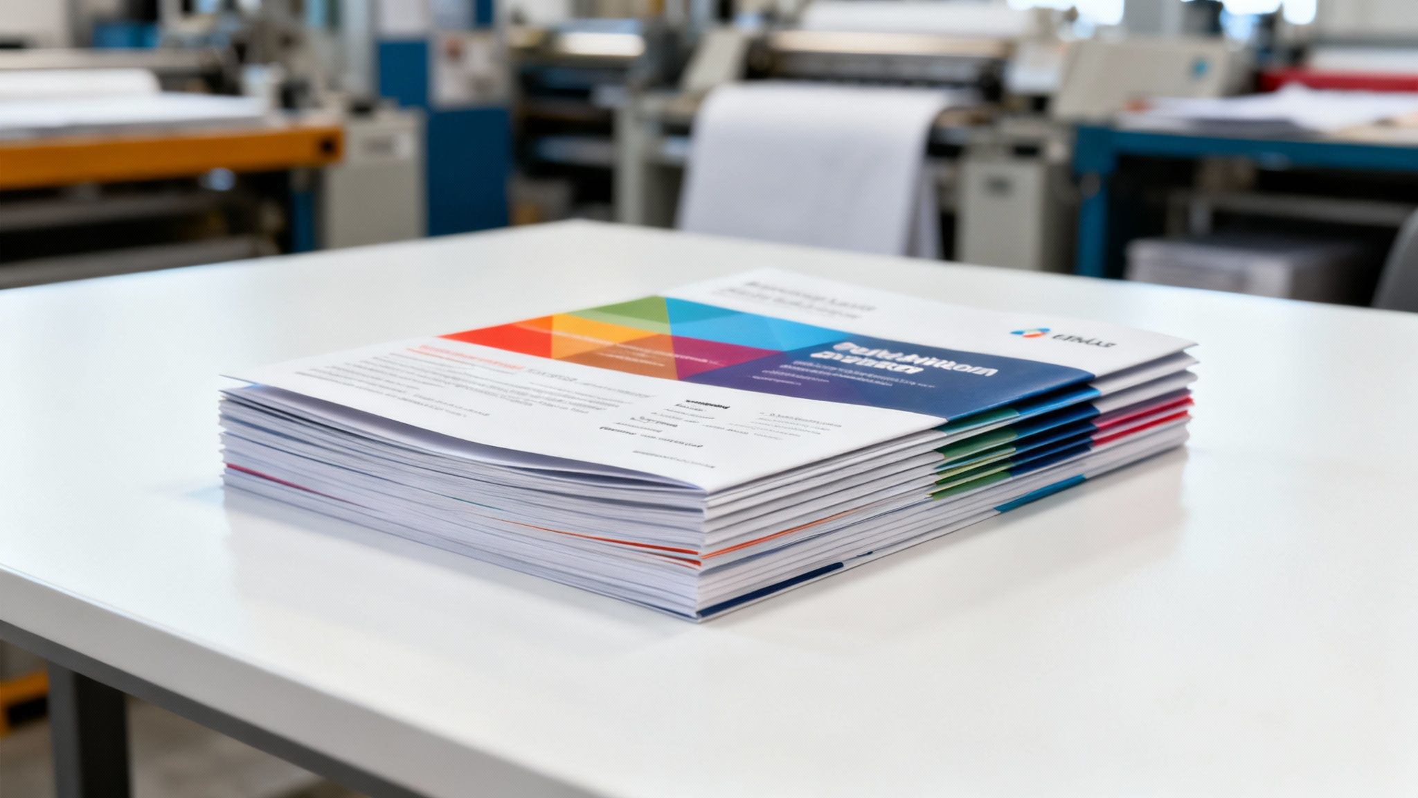 A professional printing machine processing colourful paper sheets