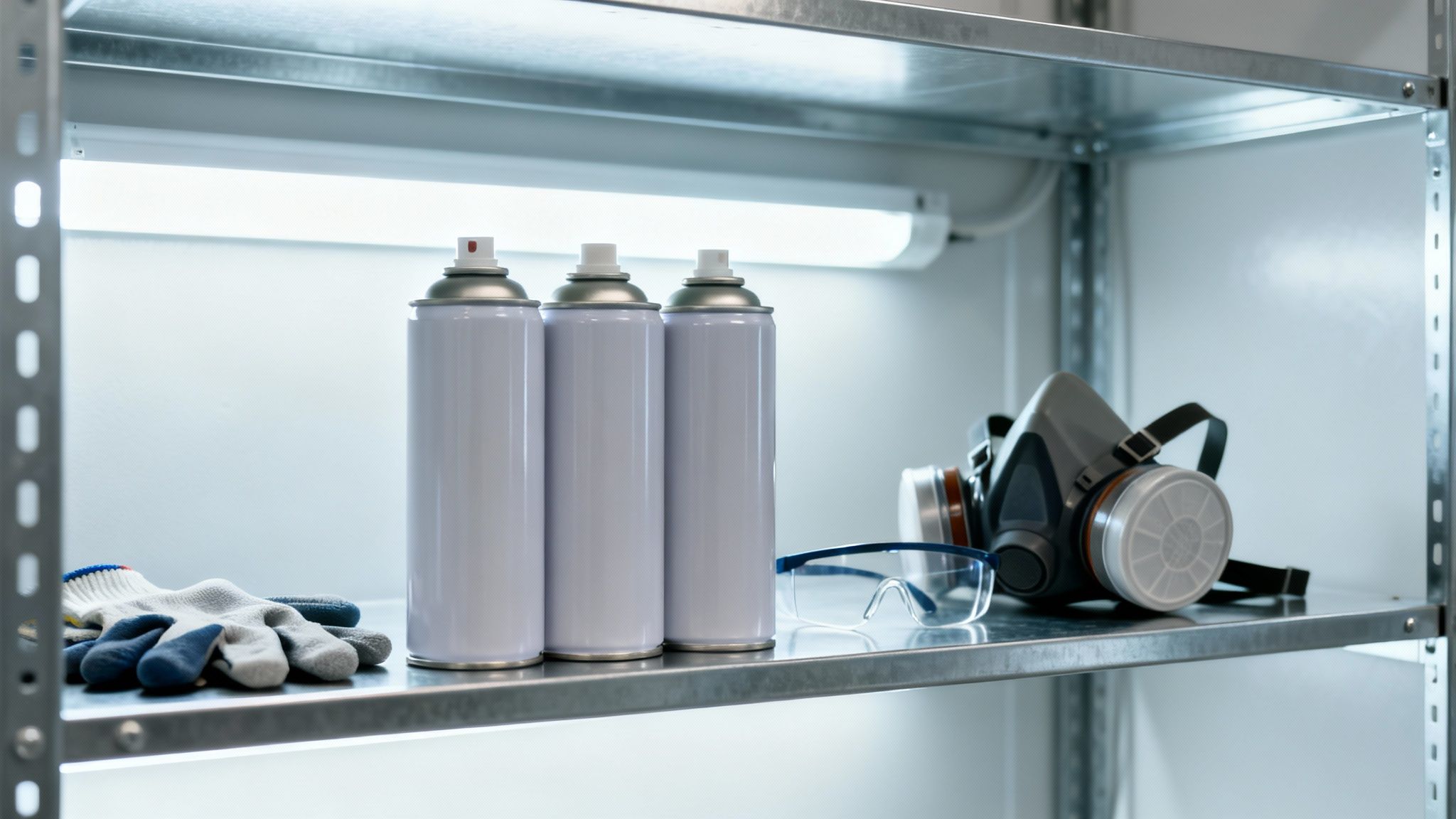 A shelf displaying three white spray cans, work gloves, safety glasses, and a respirator mask.