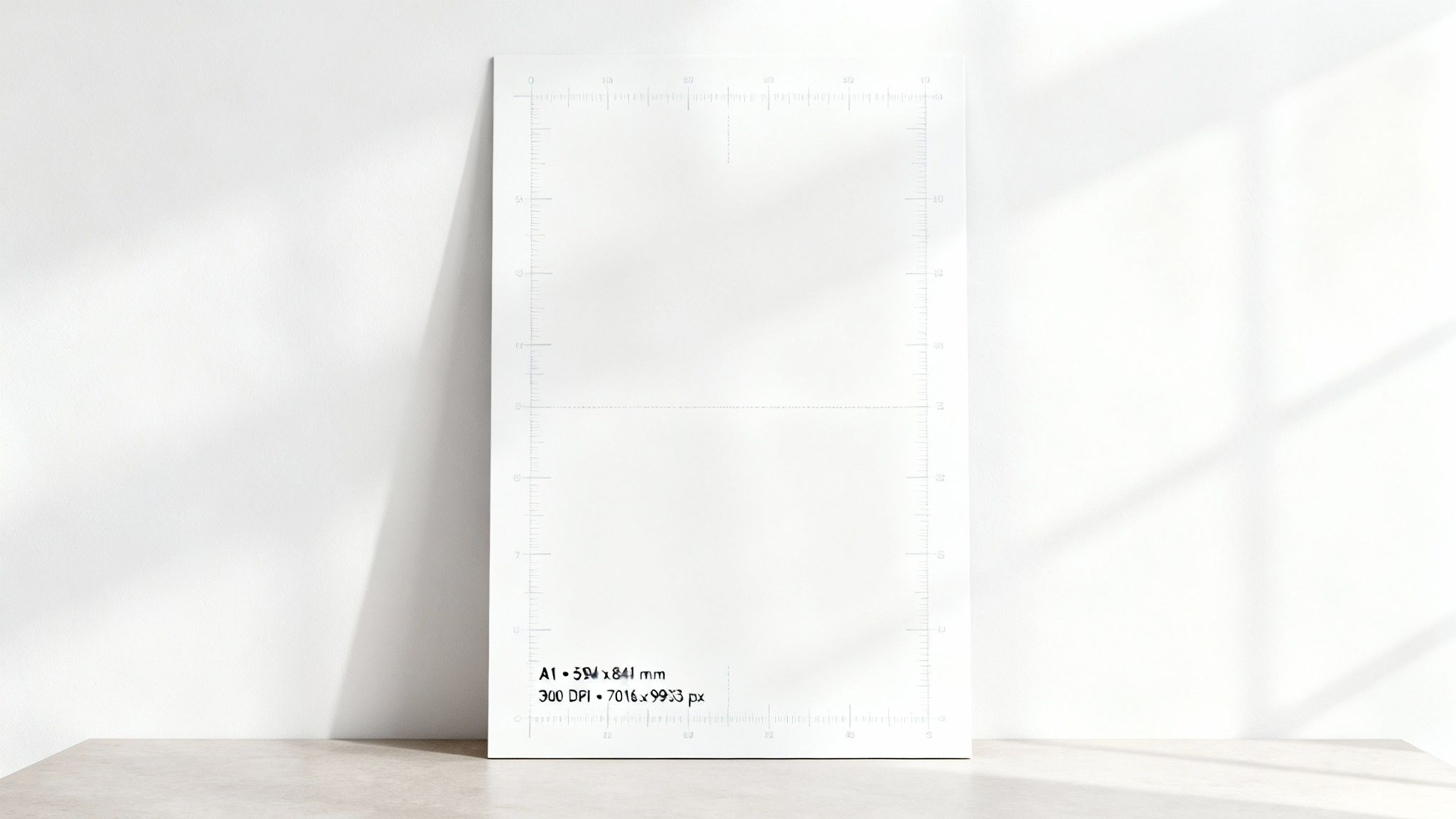 A white A1 poster displaying its dimensions and resolution, leaning on a table against a light wall.