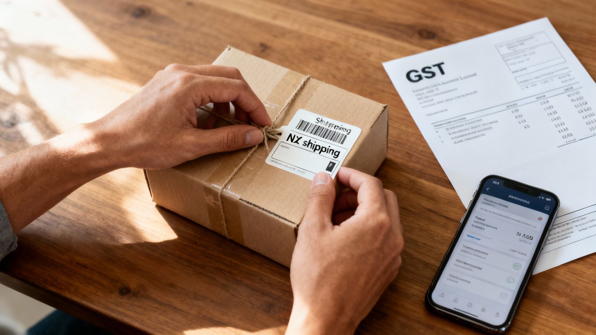 Close-up of hands attaching an 'NX shipping' label to a brown cardboard package.