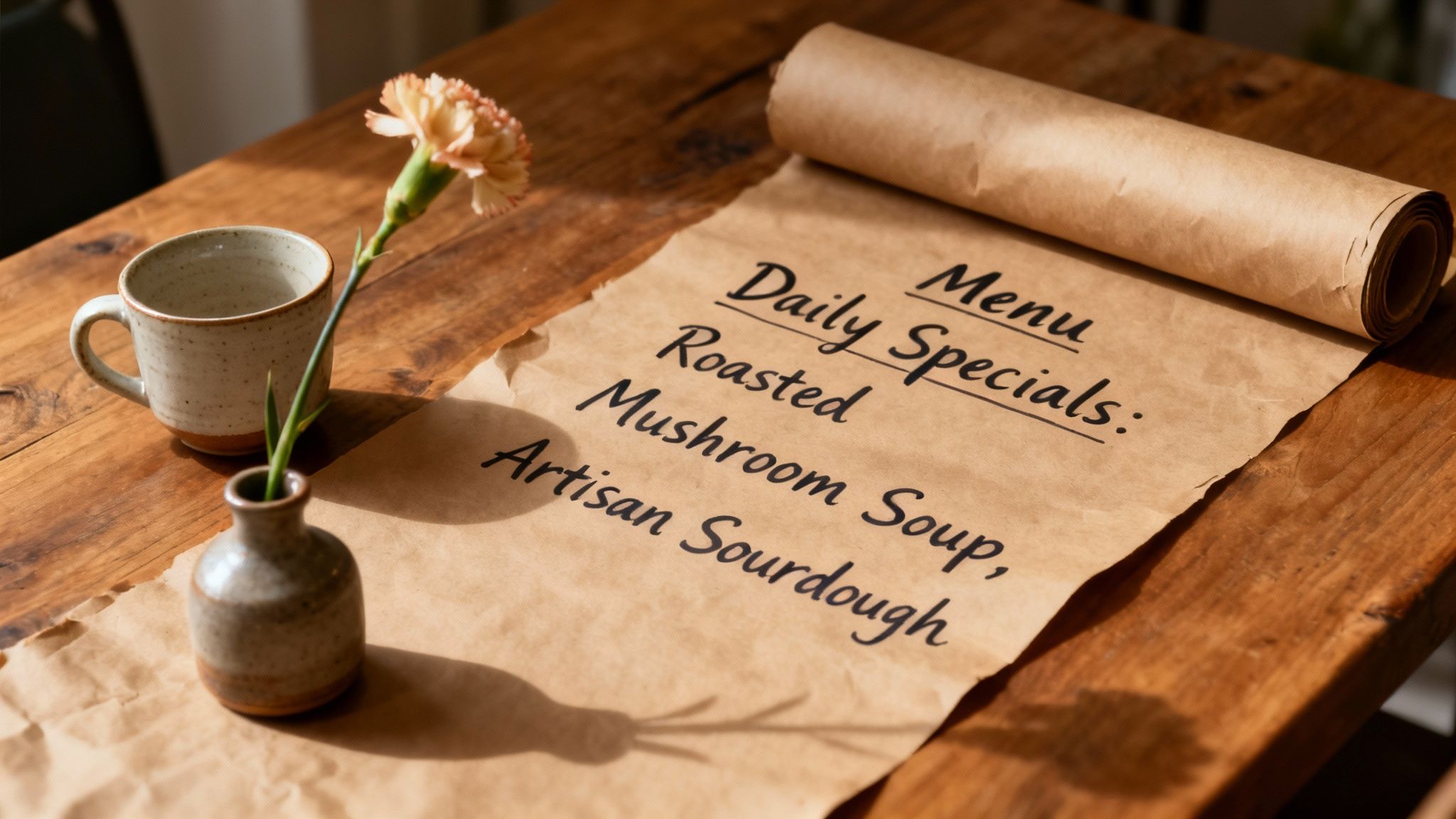 Kraft paper menu on a rustic wooden table displays daily specials next to a coffee mug and flower.