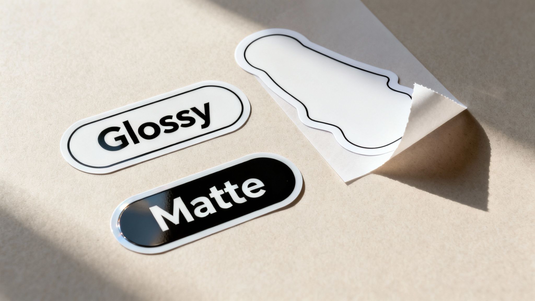 Two white and black stickers labeled 'Glossy' and 'Matte' on a light surface with a third peeled sticker.