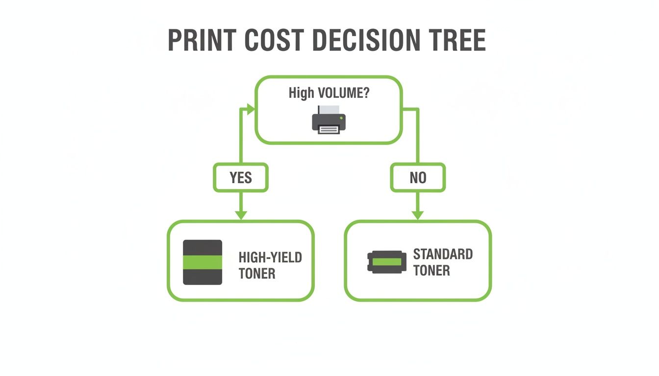 A print cost decision tree showing high volume leads to high-yield toner, and low volume to standard toner.