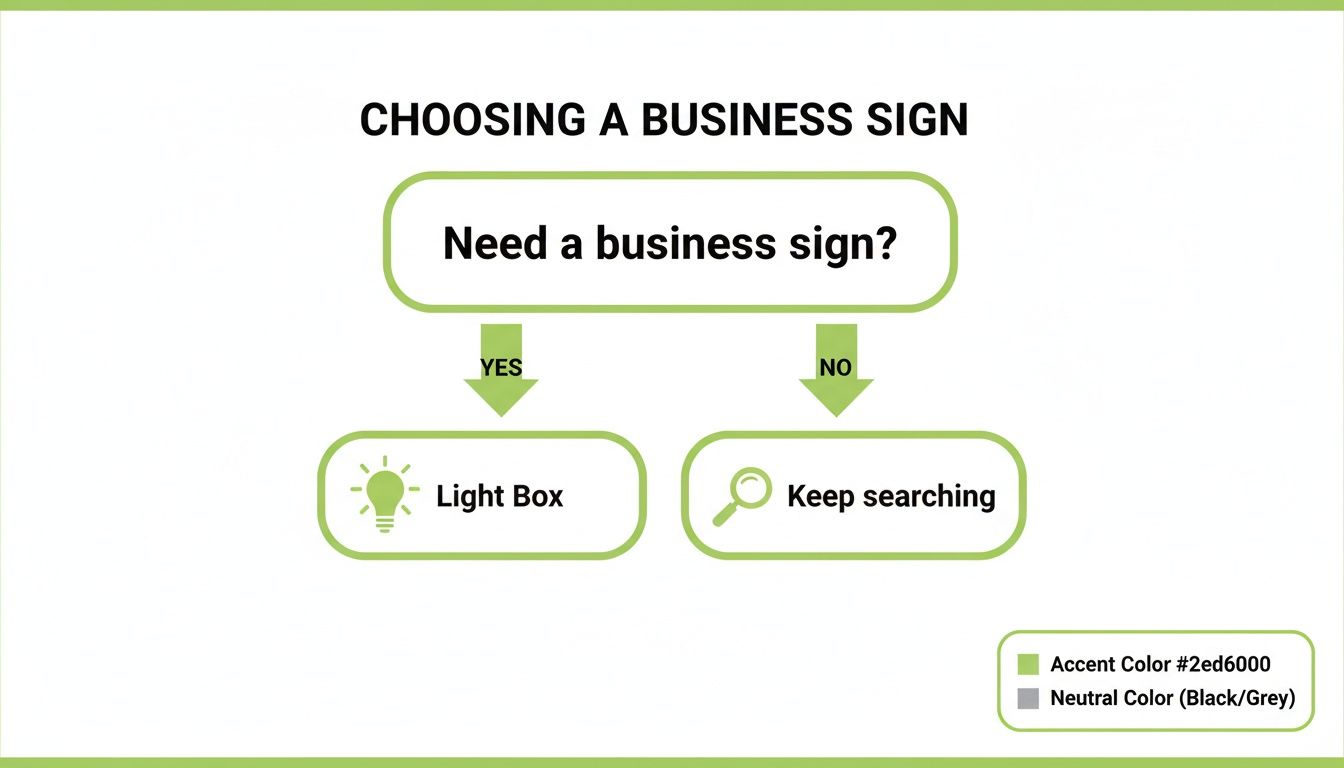 Flowchart for choosing a business sign, recommending a light box for those who need one.