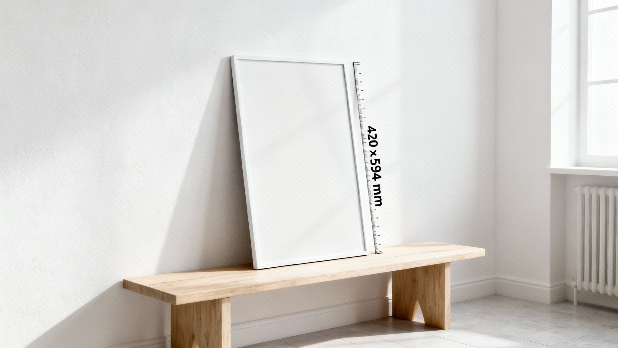 A white framed A2 poster mockup displaying its dimensions, leaning on a wooden bench in a sunlit room.