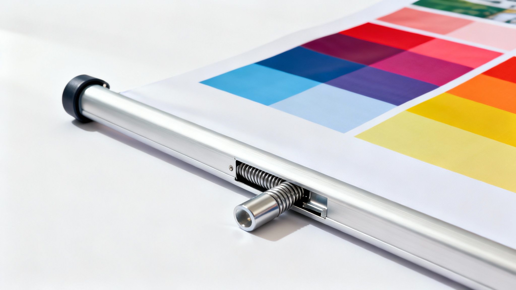 Close-up of a high-quality pull ups banner base mechanism and printed graphic