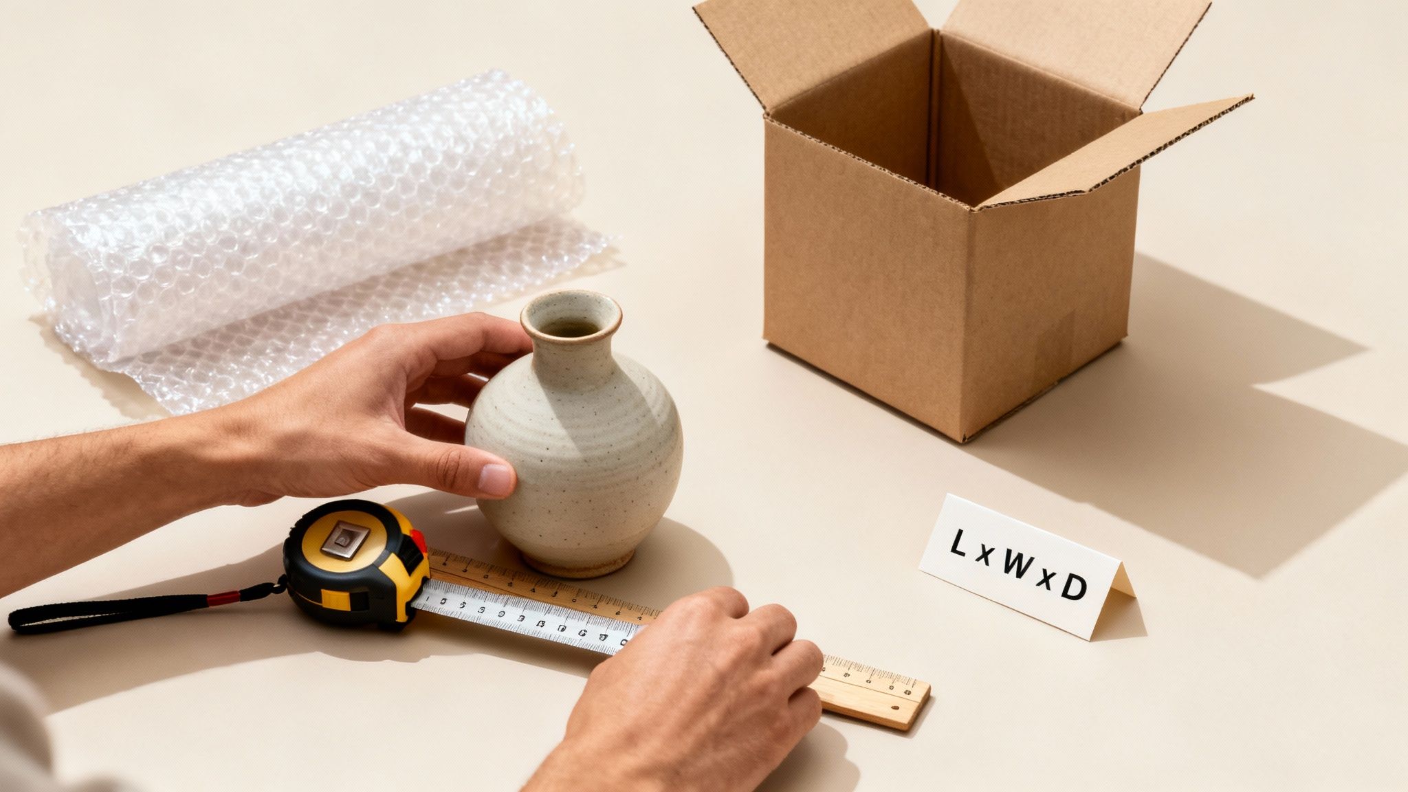 Hands measuring a ceramic vase with a ruler for packaging into a cardboard box with bubble wrap.