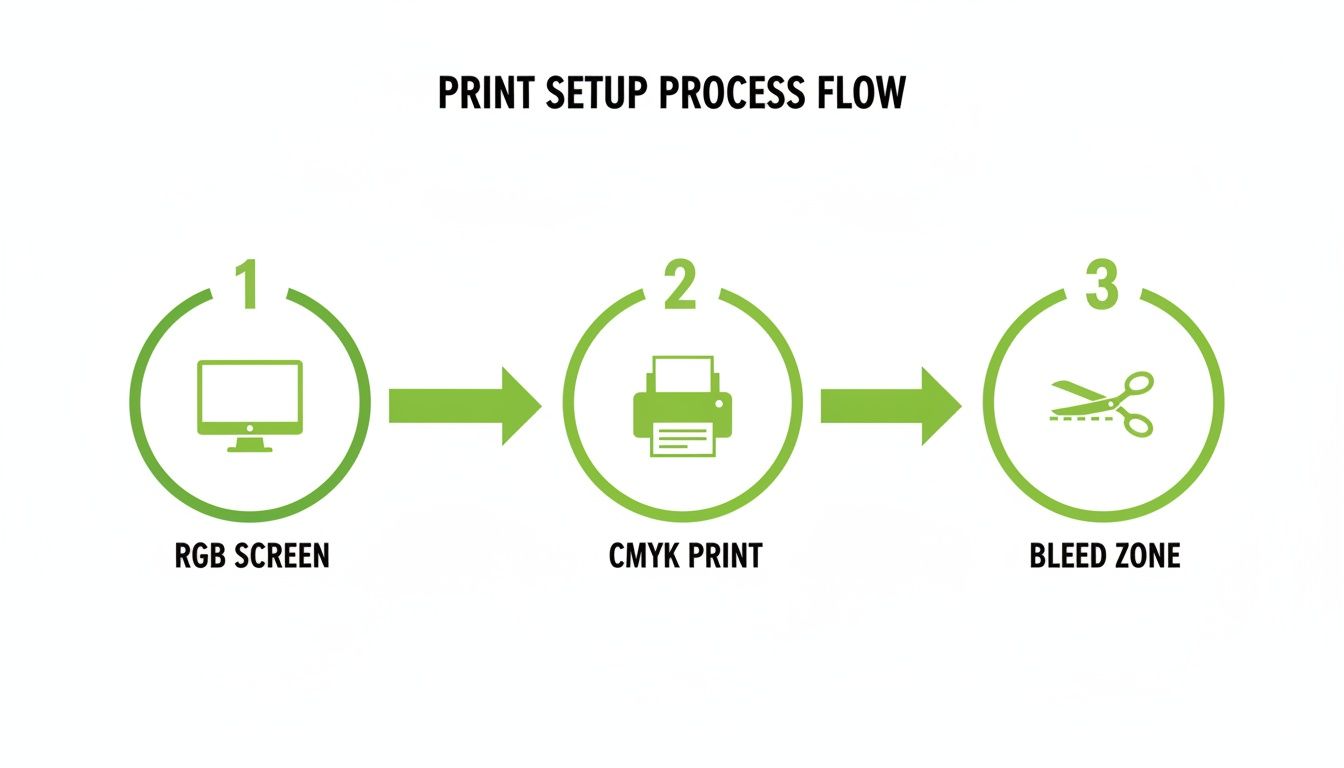 A print setup process flow diagram showing steps from RGB screen to CMYK print and bleed zone.