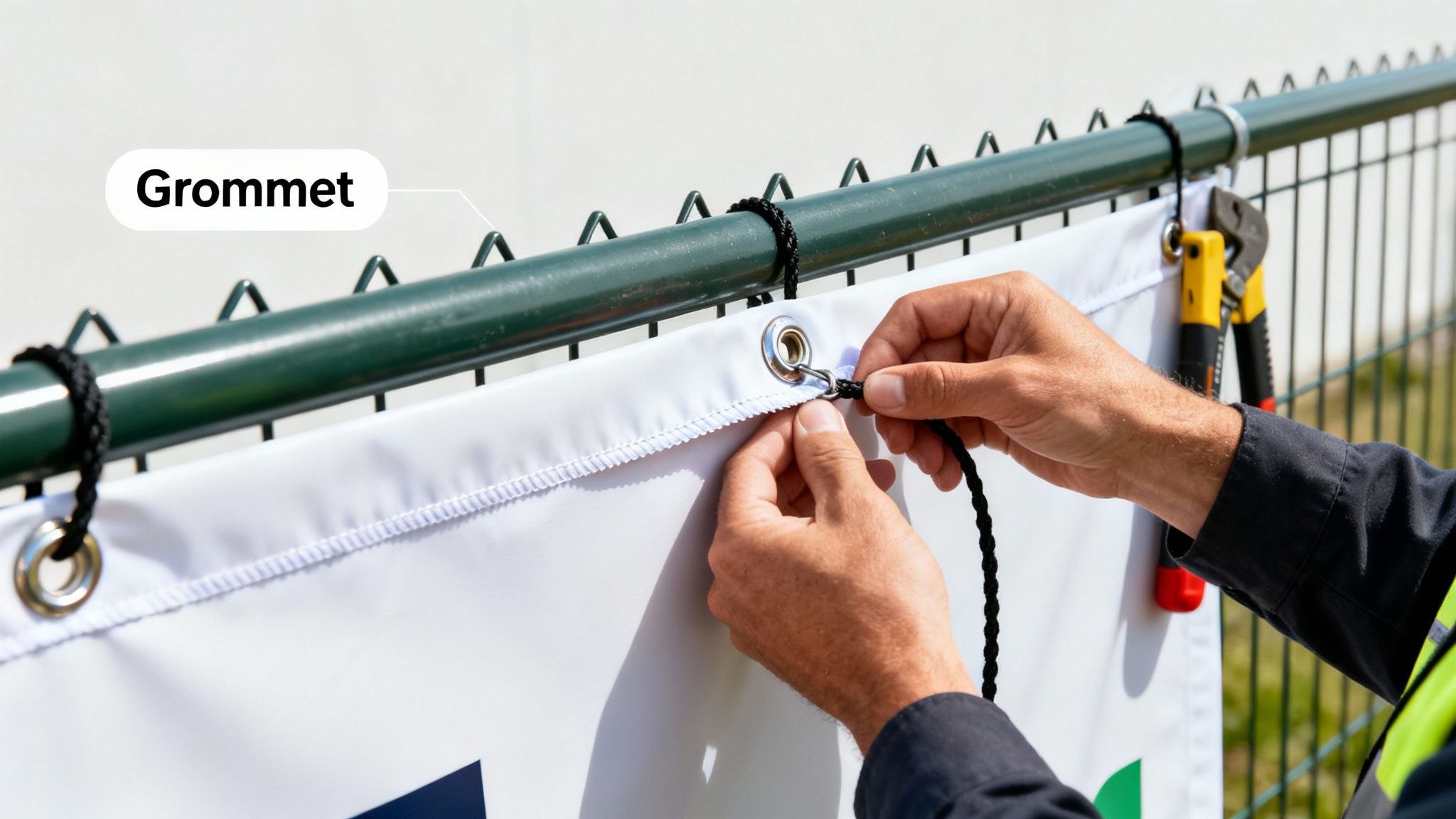 Hands attaching a white banner with metal grommets to a green fence using a black rope.