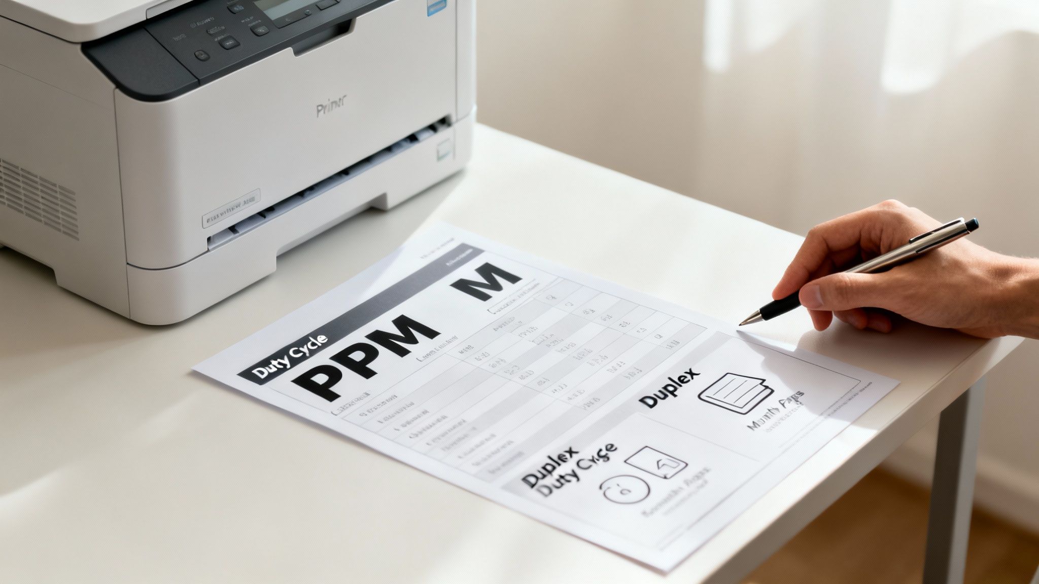 A hand writes on a document with 'PPM', 'Duty Cycle', and 'Duplex' on a white desk next to a laser printer.
