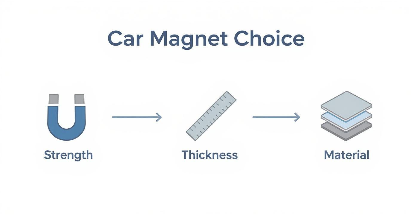 Diagram illustrating car magnet choice factors: strength, thickness, and material options.