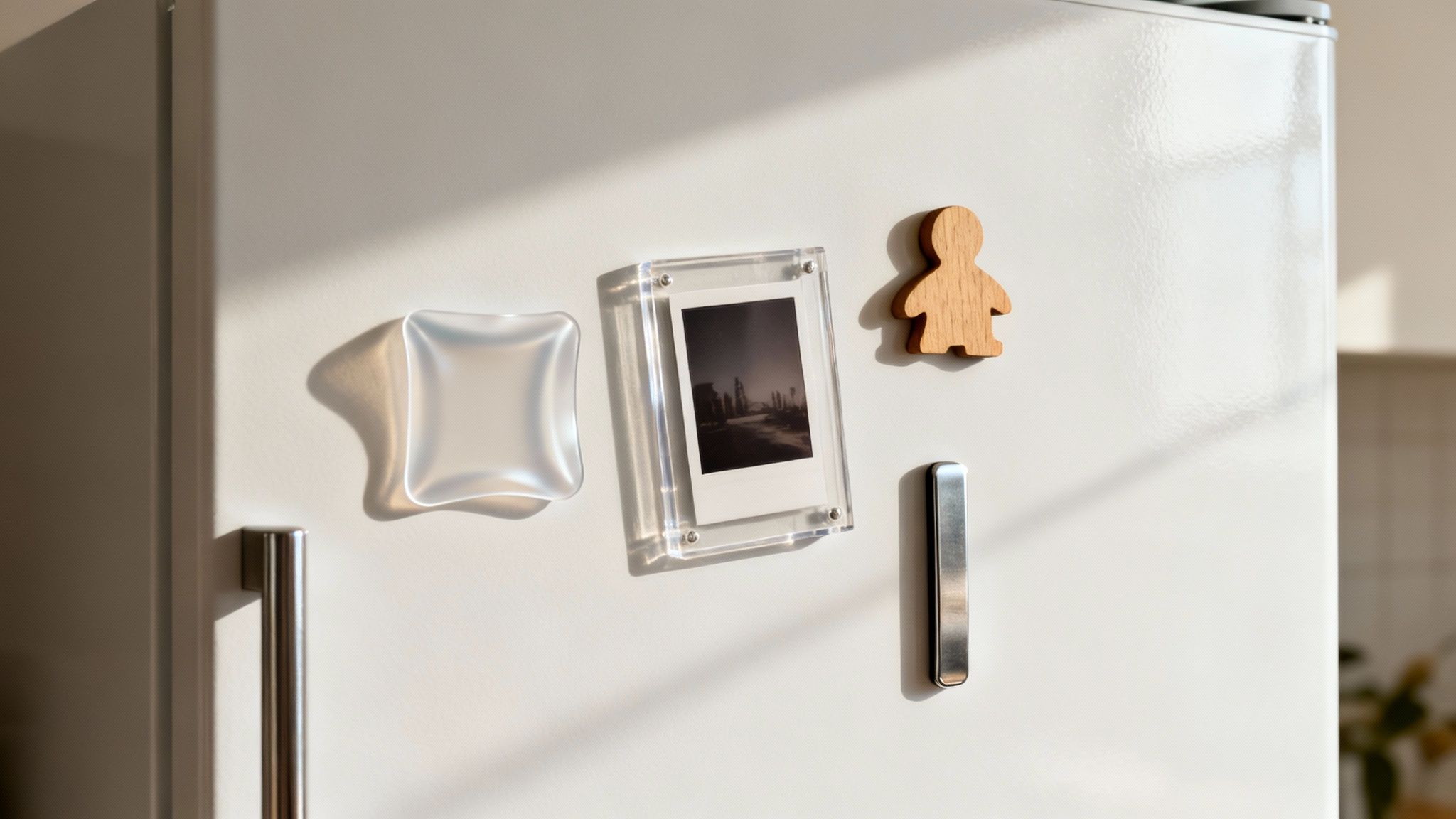 A selection of custom fridge magnets made from different materials, including wood, acrylic, and flexible vinyl, displayed on a surface.