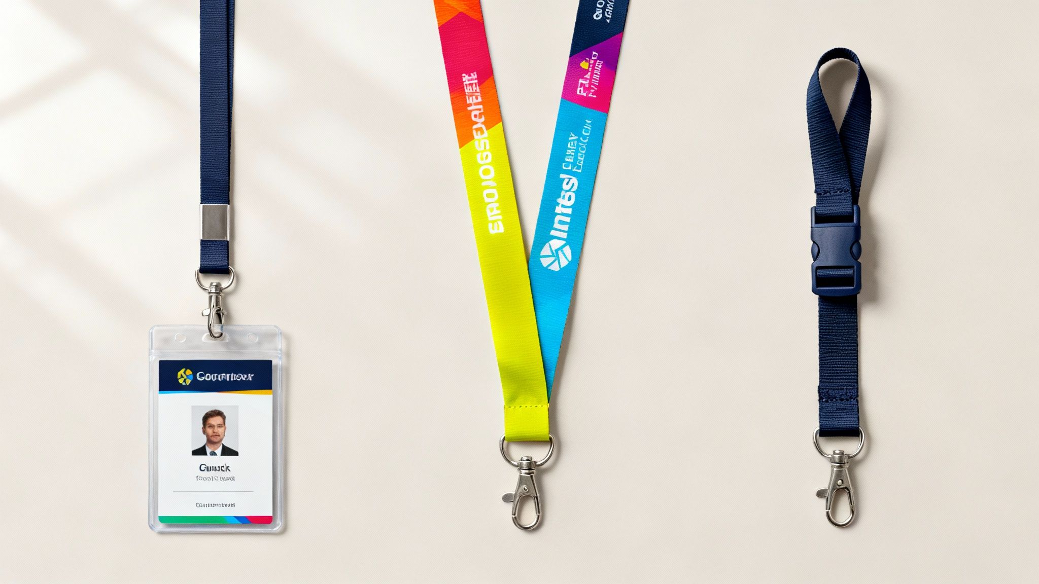 Three professional lanyards, including one with an ID card, showcasing diverse designs and attachments on a light background.
