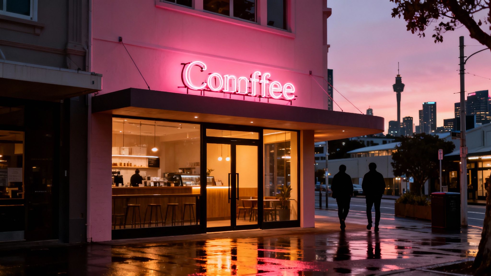 A vibrant pink neon 'Comffee' sign lights up a modern cafe at dusk, with reflections on a wet city sidewalk.