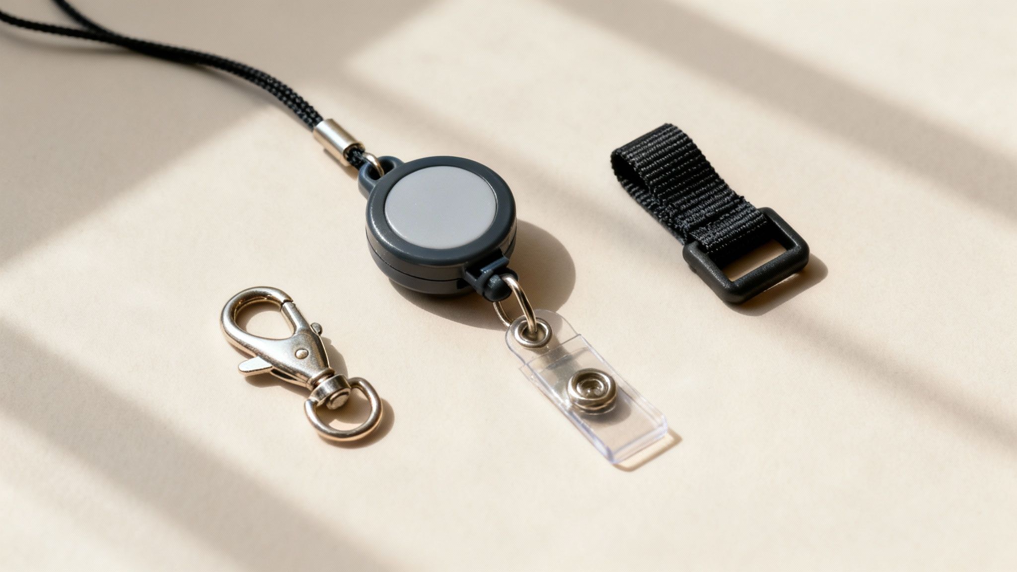 Retractable badge reel lanyard, metal clip, and black fabric strap on a light background.