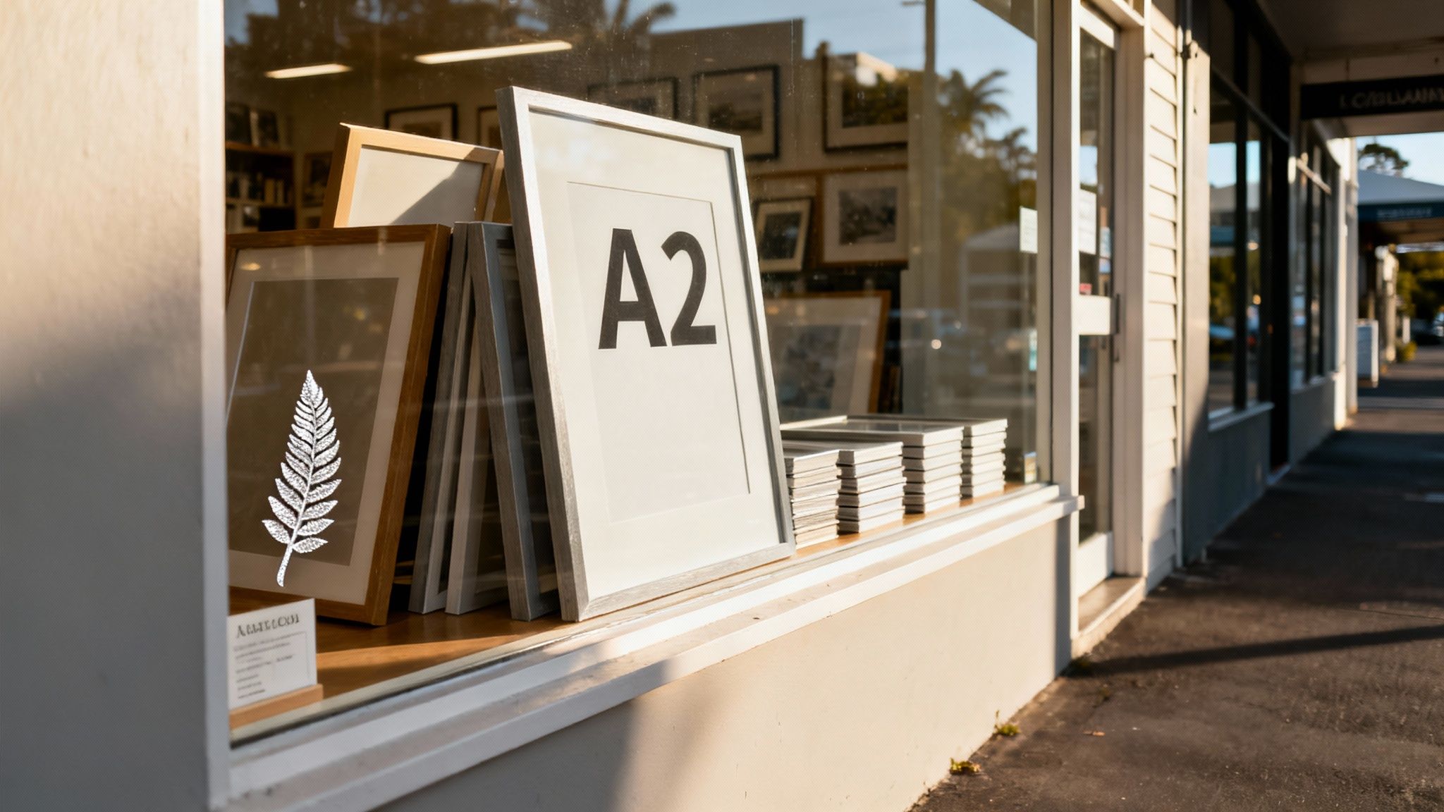 A stylish interior shot of a room featuring several A2 frames on a wall.
