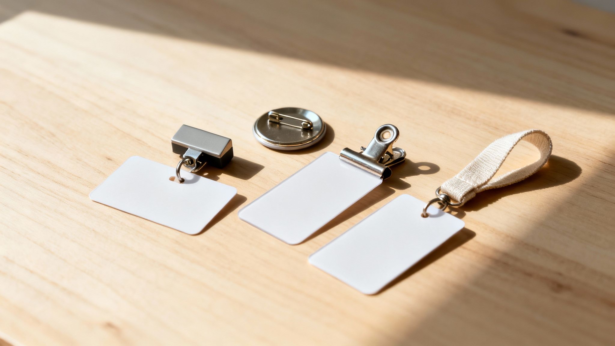Blank white name tags with different attachments like a badge reel, pin, and clip on a wooden surface.