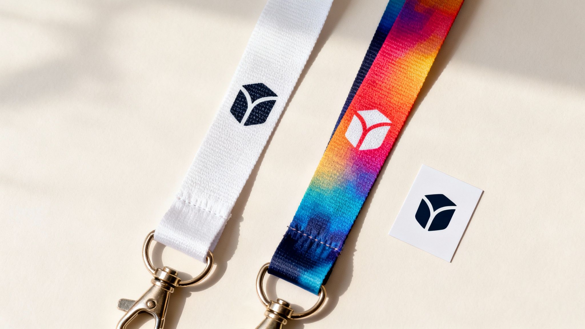 Two lanyards, one white and one colorful, with a black cube logo, alongside a matching logo card.