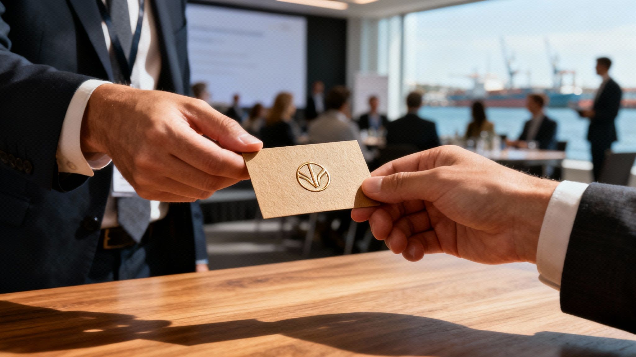 A collection of professionally designed business cards fanned out on a wooden surface.